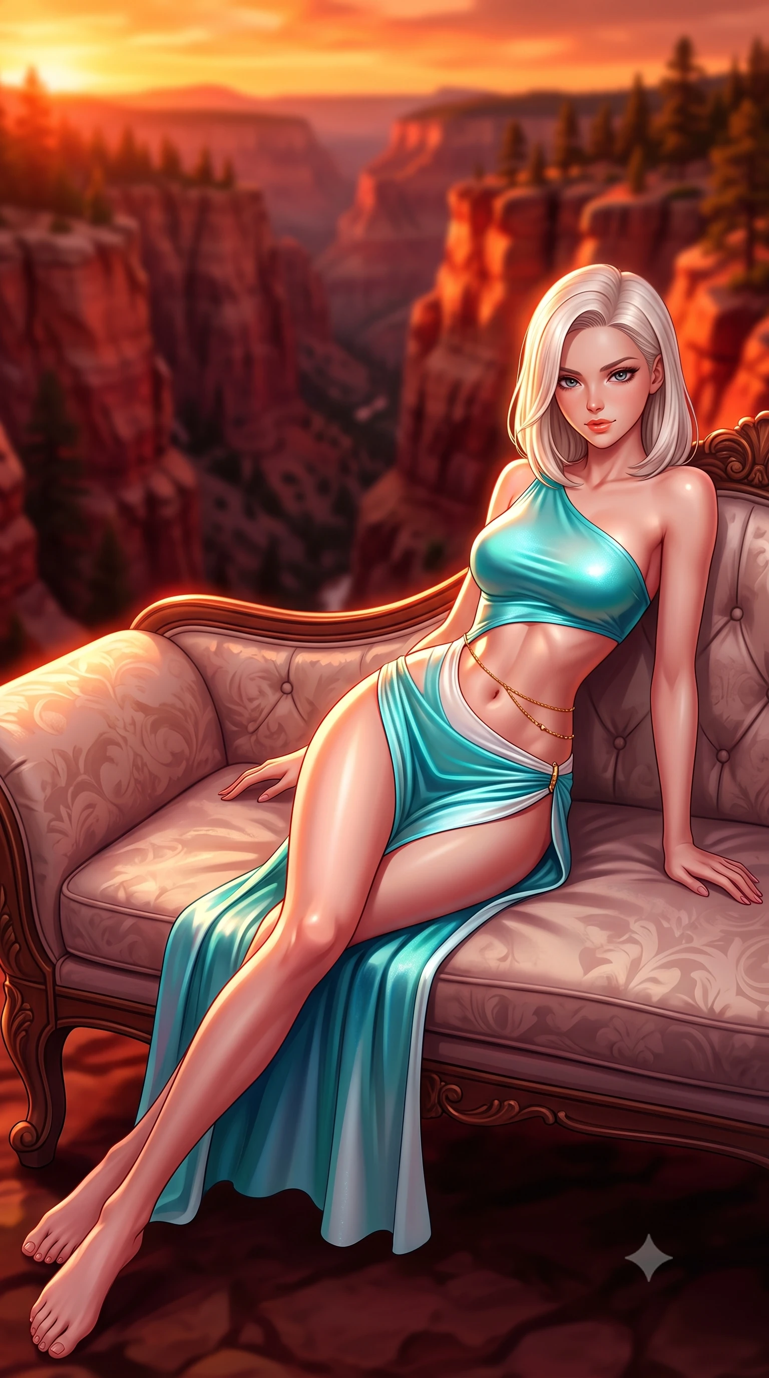 score_9, masterpiece, best quality, ultra-detailed, high-budget anime keyframe, semi-realistic 3D game render, editorial fashion photography, tasteful artistic composition, Caucasian woman. low angle full-body shot from head to toe showing her feet, filling the entire 9:16 vertical frame with her statuesque presence, stretching her vertical silhouette. reclining gracefully across the plush chaise lounge with one leg extended, her sculpted silhouette and flat midriff radiating magnetic nocturnal glamour while twisting her slender torso in an alluring S-curve, crimson vortex sunset light carving sharp highlights across her flat midriff and hips. The background shows a soft-focus deep canyon crevices, pine-dotted plateaus, and molten orange sunset sky blurred into crimson, copper, and fiery gold bokeh. She has an absolutely perfect, statuesque 8.5-heads proportion, an exceptionally tall and slender model-like female figure with impossibly long slender legs, an ultra-slim waist, a flat toned midriff, narrow delicate ribcage, and beautifully sculpted feminine hips creating a graceful, slim hourglass silhouette without any bulky heaviness. sharp v-shaped jawline, high-bridge nose, sparkling eyes with hypnotic seductive depth, thick curled eyelashes, glossy parted lips with a natural dewy peach sheen, alluring bedroom-eyes with an enchanting coquettish smile, exuding magnetic siren charisma and sophisticated glamour, flawlessly proportioned anatomical accuracy, strict slender model proportions, natural body alignment, perfectly sculpted long slender limbs, ultra-slim waistline, clean dynamic posture without body distortion. wearing an asymmetric one-shoulder liquid jersey resort gown with dramatic hip-high slit and waist cutout in shimmering turquoise aqua and pure pearl alabaster, tailored from second-skin technical compression neoprene with athletic curve-sculpting stretch, accented with a dainty gold belly chain resting across her flat midriff and curving hips, the form-contouring silhouette accentuating her sculpted flat midriff, narrow delicate ribcage, and gracefully curvy hips with intoxicating allure. bathed in intense crimson-and-gold sunset illumination bouncing directly off the canyon rock walls. highly saturated vibrant anime colors, detailed shading with soft gradients, rich glossy textures, high-contrast stereoscopic depth, volumetric dynamic lighting, master piece, 9:16 ratio