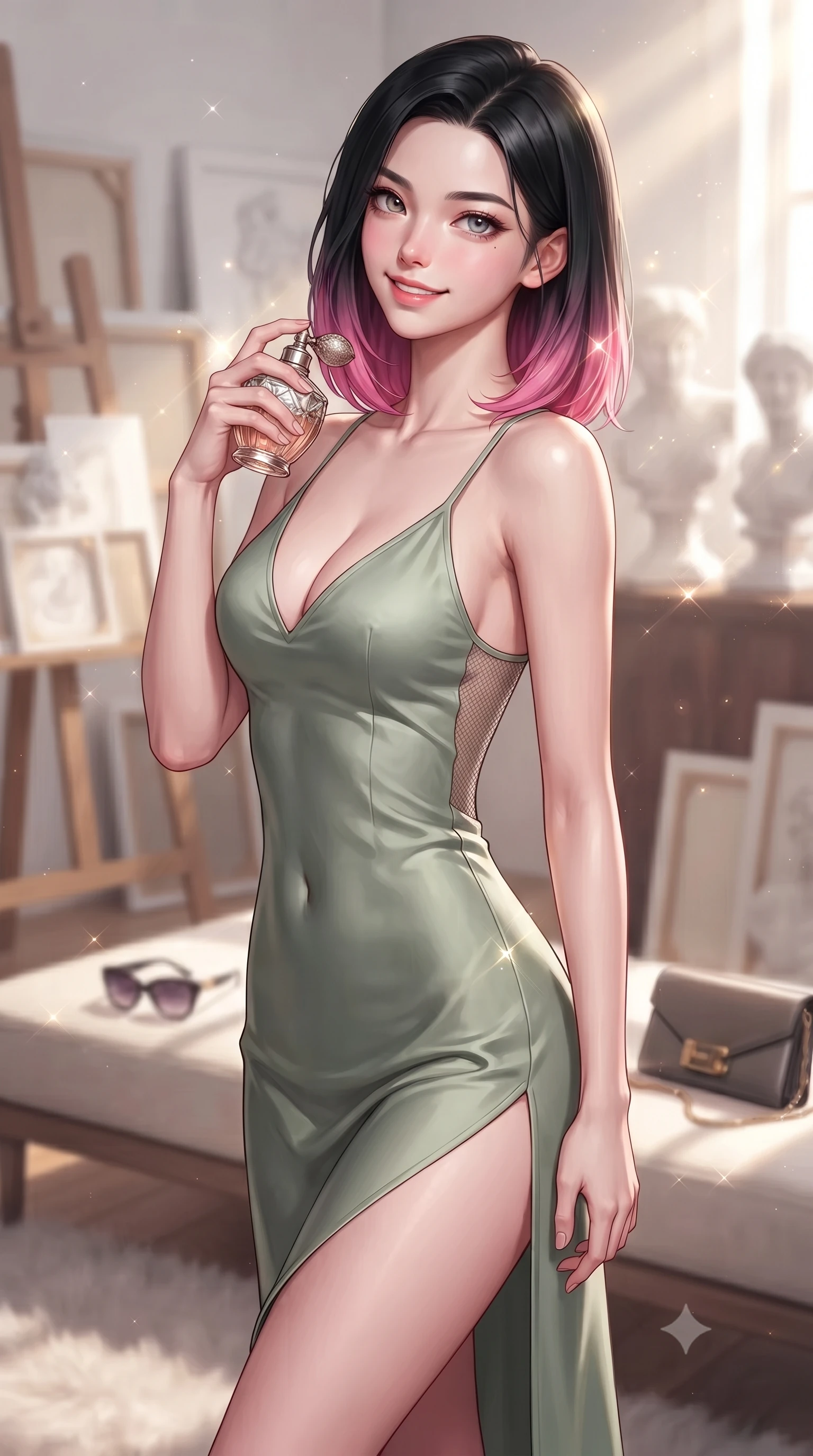 score_9, masterpiece, best quality, ultra-detailed, high-budget anime keyframe, editorial fashion photography, tasteful artistic composition, Korean woman. close-up cowboy shot from the waist and thighs up, the character dominates the composition, filling the frame with her large presence, background elements kept in soft focus. holding a vintage perfume bottle to her neck, smiling with quiet magnetic self-assurance set against a soft-focus background of inside an exclusive art atelier with a pair of designer sunglasses and a sleek leather clutch bag on the lounger. She has an exceptionally elegant, slender, and willowy female figure with an ultra-slim waist, a gracefully sculpted slender torso, and a refined silhouette. sharp v-shaped jawline, high-bridge nose, intricate jewel-like eyes with depth, thick eyelashes, glossy lips with a natural sheen. wearing form-contouring sage green contouring mesh open-back silk slip dress featuring a deep V-neckline and a leg-lengthening side slit featuring refined tailored seams. lit by crisp morning sun rays creating sparkling glints on polished glass and water. highly saturated vibrant anime colors, detailed shading with soft gradients, rich glossy textures, high-contrast stereoscopic depth, volumetric dynamic lighting, master piece, 9:16 ratio