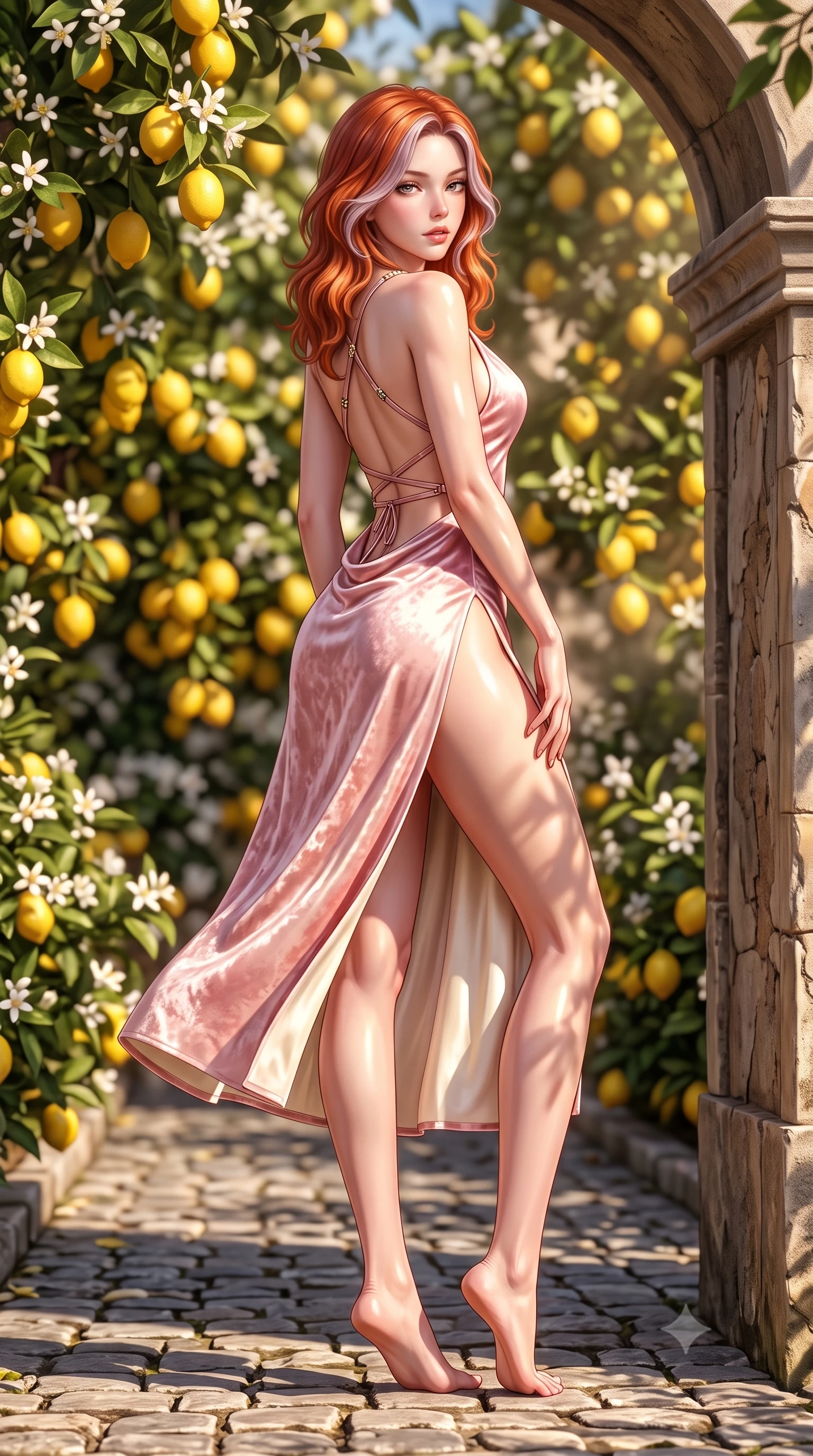 score_9, masterpiece, best quality, ultra-detailed, high-budget anime keyframe, semi-realistic 3D game render, editorial fashion photography, tasteful artistic composition, Caucasian woman. low angle full-body shot from head to toe showing her feet, filling the entire 9:16 vertical frame with her statuesque presence, stretching her vertical silhouette. leaning deep against the structural architecture with hips cocked in an unapologetically bold, seductive high-fashion stance while standing poised on the sun-dappled cobblestone path, twisting her slender torso in an alluring contrapposto stance as the Mediterranean breeze flutters her dress. The composition keeps background elements in soft focus with creamy bokeh. clustering yellow lemons and fragrant white lemon blossoms softened in romantic Italian shallow focus. She has an exceptionally tall and slender model-like 8.5-heads proportion, an ultra-slim waist, a flat toned midriff, narrow delicate ribcage, and beautifully sculpted feminine hips creating a graceful, slim hourglass silhouette without any bulky heaviness, with impossibly long slender legs. sharp v-shaped jawline, high-bridge nose, intricate jewel-like eyes with depth, thick eyelashes, glossy parted lips with a natural sheen, intensely captivating and seductive bedroom-eyes expression, flawlessly proportioned anatomical accuracy, strict slender model proportions, natural body alignment, perfectly sculpted long slender limbs, ultra-slim waistline, clean dynamic posture without body distortion. wearing a backless cowl-neck satin slip dress featuring high-cut side hip slits and delicate criss-cross back straps in sakura blossom pink and warm ivory, crafted from heavyweight crushed silk velvet with liquid vintage luster, featuring an open-back criss-cross harness strap in dark leather, the precision-cut side openings and low-back scoop framing her graceful spine and the sensual sweep of her slim, toned hips. bathed in brilliant Mediterranean golden hour sunlight dappled through lush lemon tree leaves. highly saturated vibrant anime colors, detailed shading with soft gradients, rich glossy textures, high-contrast stereoscopic depth, volumetric dynamic lighting, master piece, 9:16 ratio