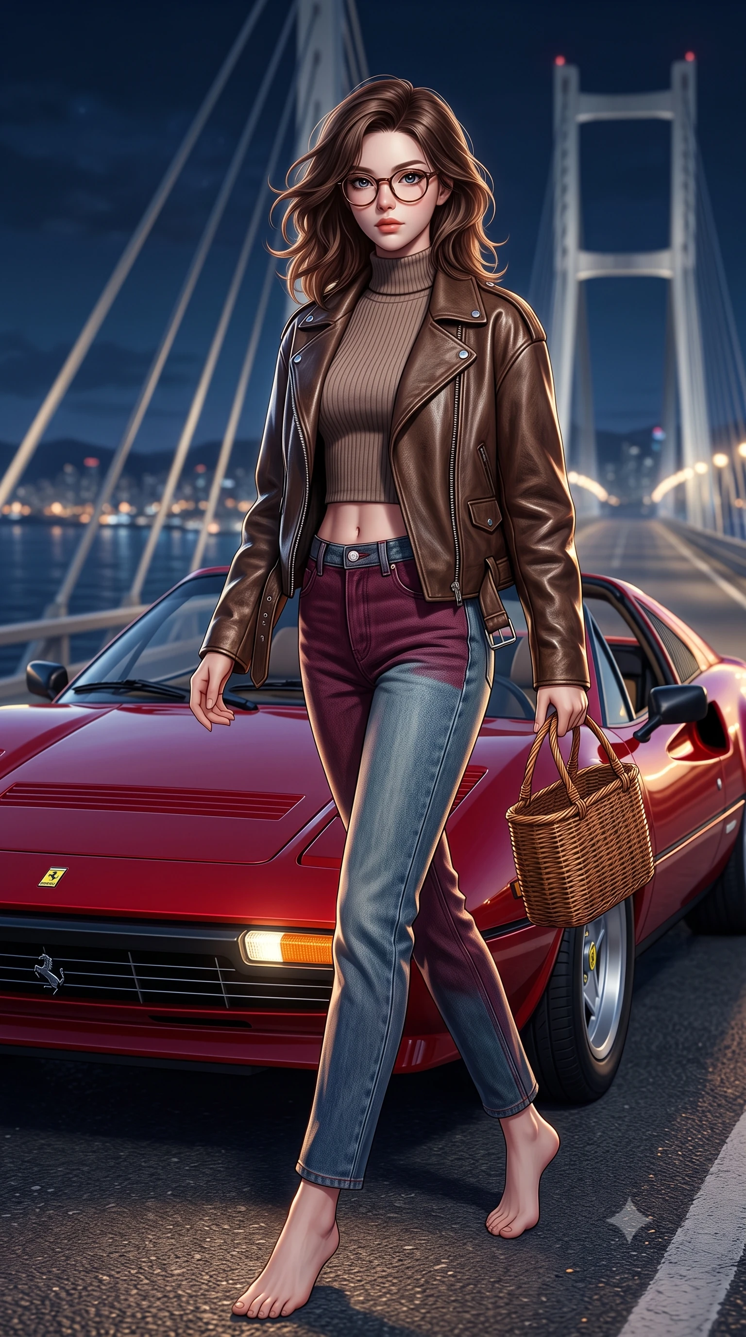 score_9, masterpiece, best quality, ultra-detailed, high-budget anime keyframe, semi-realistic 3D game render, editorial fashion photography, tasteful artistic composition, Korean woman. low angle full-body shot from head to toe showing her feet, filling the entire 9:16 vertical frame with her statuesque presence, stretching her vertical silhouette. stepping forward gracefully in mid-motion, displaying her toned flat midriff and flawlessly sculpted slender limbs while leaning against the hood of a cherry-red vintage 1980s convertible parked on a coastal suspension bridge at midnight. The composition keeps background elements in soft focus with creamy bokeh. vintage car chrome bumpers and coastal water ripples softened in cinematic shallow focus. She has an absolutely perfect, statuesque 8.5-heads proportion, an exceptionally tall and slender model-like female figure with impossibly long slender legs, a toned flat midriff, and an ultra-slim waist. sharp v-shaped jawline, high-bridge nose, intricate jewel-like eyes with depth, thick eyelashes, glossy lips with a natural sheen, captivating and magnetic expression, flawlessly proportioned anatomical accuracy, strict slender model proportions, natural body alignment, perfectly sculpted long slender limbs, ultra-slim waistline, clean dynamic posture without body distortion. wearing an iconic oversized vintage brown leather biker jacket worn over a snug ribbed turtleneck and high-rise mom jeans in rich wine burgundy and faded vintage blue, crafted from ultra-soft brushed fleece and vintage-washed jersey, accessorized with a rustic woven wicker basket bag and round tortoiseshell glasses, the form-contouring material adhering flawlessly to her sculpted flat midriff and slender torso, emphasizing her long leg lines and perfectly proportioned willowy build. illuminated by crisp metallic reflections tracing her ultra-slim waistline, collarbones, and long legs. highly saturated vibrant anime colors, detailed shading with soft gradients, rich glossy textures, high-contrast stereoscopic depth, volumetric dynamic lighting, master piece, 9:16 ratio