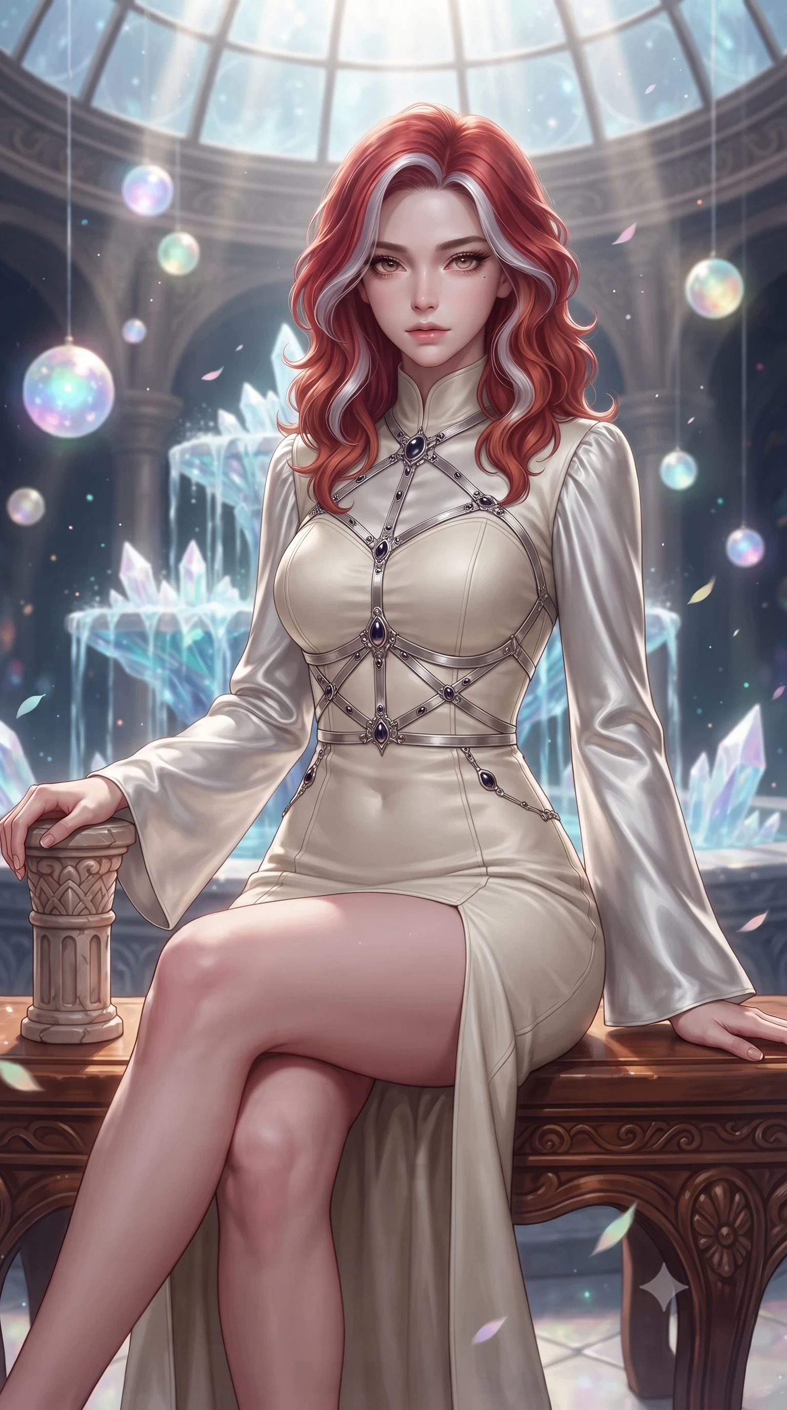 score_9, masterpiece, best quality, ultra-detailed, high-budget anime keyframe, editorial fashion photography, tasteful artistic composition, Caucasian woman. close-up cowboy shot from the waist and thighs up, the character dominates the composition, filling the frame with her large presence, background elements kept in soft focus. Casting a slow, direct gaze beneath heavy lashes with quiet intensity, resting near a hydro-flow crystal fountain surrounded by suspended opal bioluminescent orbs, glowing pastel pollen particles drifting gracefully around her form. She has an exceptionally elegant, slender, and willowy female figure with an ultra-slim waist, a gracefully sculpted slender torso, and a refined silhouette. sharp v-shaped jawline, high-bridge nose, intricate jewel-like eyes with depth, thick eyelashes, glossy lips with a natural sheen. wearing gothic high-collar rose-gold silk evening gown with long bell sleeves in radiant platinum, made of polished ivory leather, highlighted by a platinum metallic harness structure, accentuating her gracefully sculpted slender torso. lit by ethereal celestial rays cascading through glass reflection panes. ultra-reflective glossy finish, specular highlights, metallic sheen, high-contrast stereoscopic depth, volumetric dynamic lighting, 2k, ultra detail, master piece, 9:16 ratio
