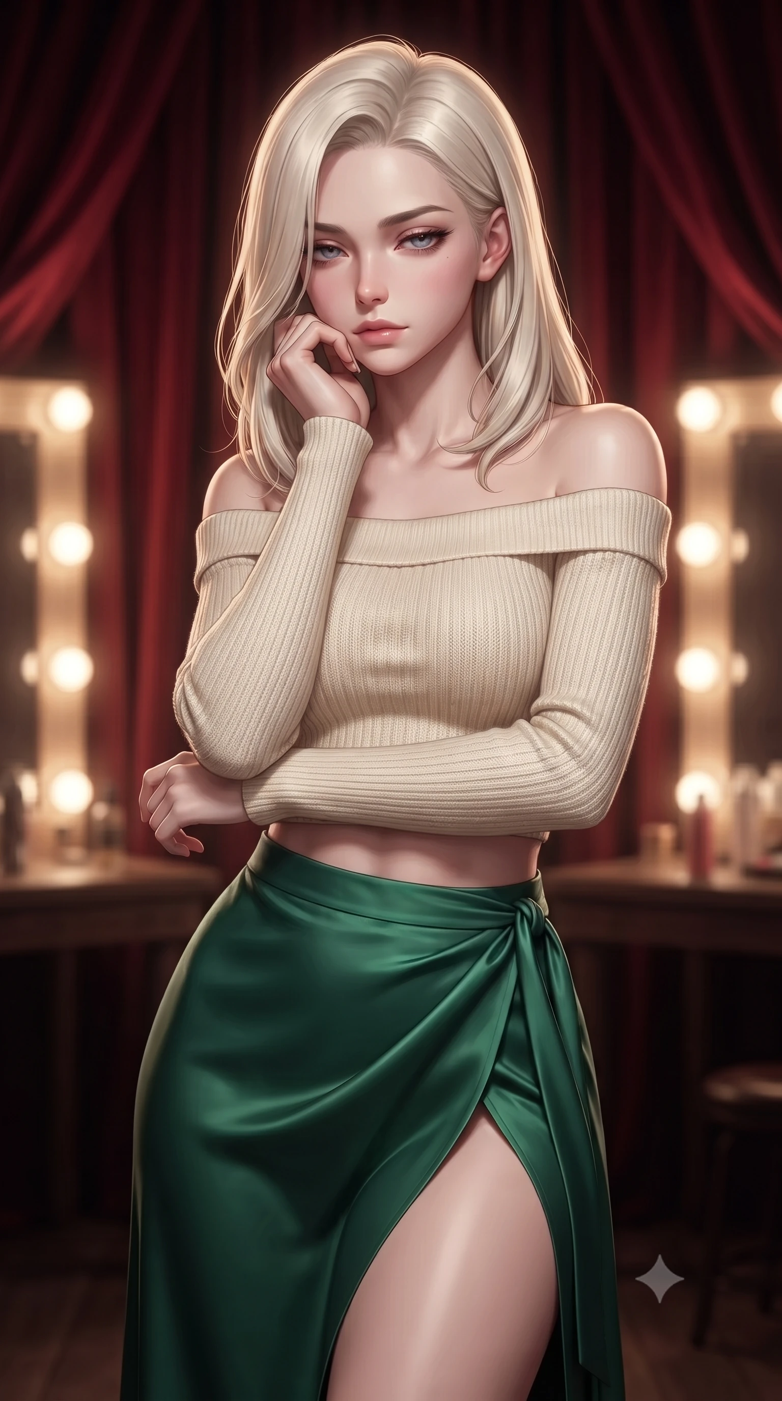 score_9, masterpiece, best quality, ultra-detailed, high-budget anime keyframe, editorial fashion photography, tasteful artistic composition, Caucasian woman. close-up cowboy shot from the waist and thighs up, the character dominates the composition, filling the frame with her large presence, background elements kept in soft focus. resting her chin on the backs of her fingers, casting a heavy-lidded, sultry look past the camera the background shows a soft-focus an old theater dressing room with heavy red velvet drapes and lit vanity mirrors. She has an exceptionally elegant, slender, and willowy female figure with an ultra-slim waist, a gracefully sculpted slender torso, and a refined silhouette. sharp v-shaped jawline, high-bridge nose, intricate jewel-like eyes with depth, thick eyelashes, glossy lips with a natural sheen. wearing a form-contouring cropped off-shoulder knit top in cream paired with a high-slit wrap skirt in emerald green. soft vanity lighting reflecting off mirrors to create a glowing frame. ultra-reflective glossy finish, specular highlights, metallic sheen, high-contrast stereoscopic depth, volumetric dynamic lighting, 2k, ultra detail, master piece, 9:16 ratio