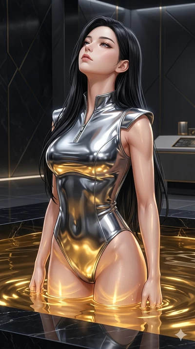 score_9, masterpiece, best quality, ultra-detailed, high-budget anime keyframe, semi-realistic 3D game render, Korean woman. Upper body close-up from the thighs up, character filling the screen for maximum presence. She is standing in a high-tech obs