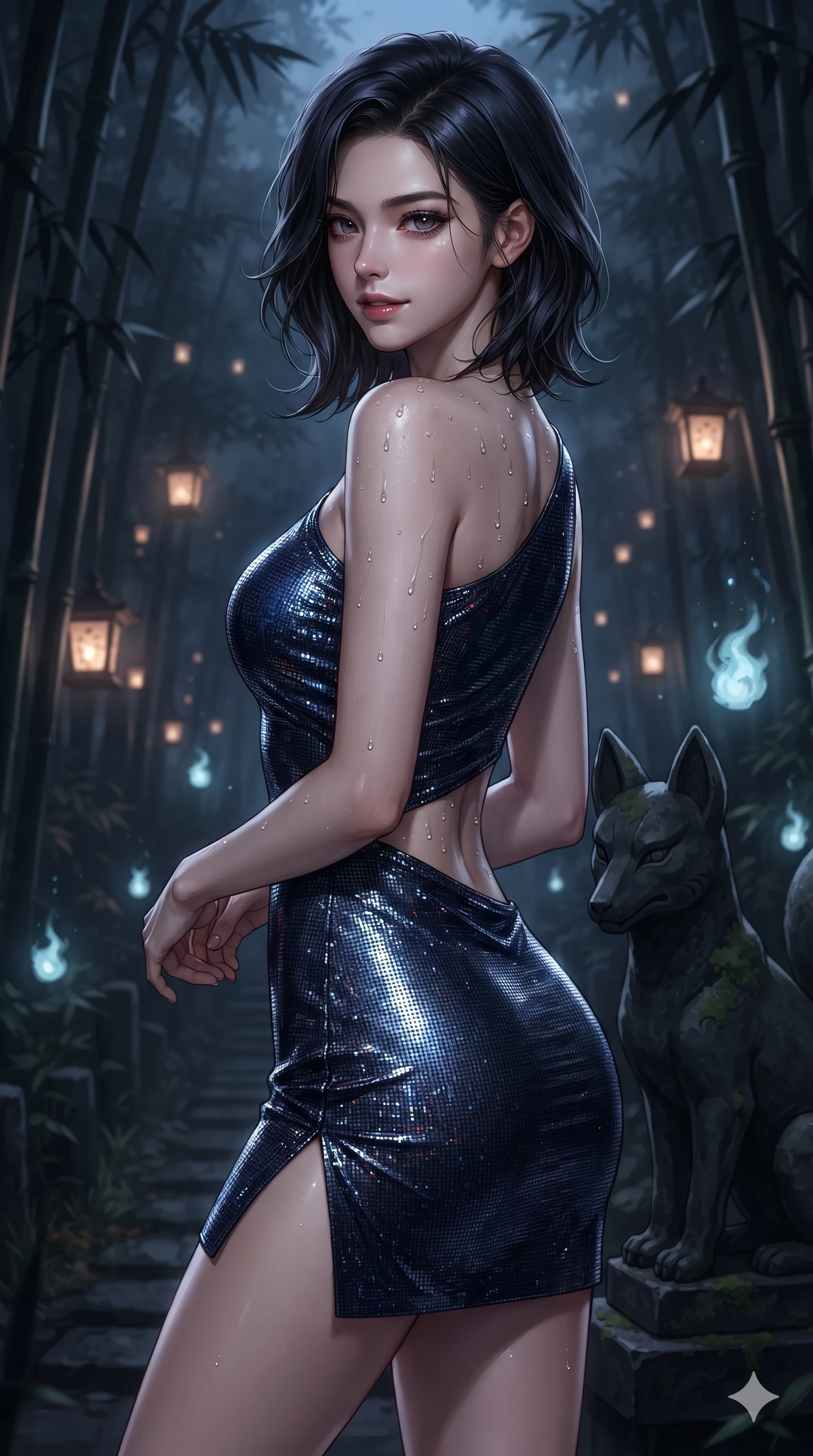 score_9, masterpiece, best quality, ultra-detailed, high-budget anime keyframe, editorial fashion photography, tasteful artistic composition, Korean woman. close-up cowboy shot from the waist and thighs up, the character dominates the composition, filling the frame with her large presence. glancing sidelong over her shoulder with a smoldering, enigmatic half-smile that commands the frame while resting near a dark stone fox statue illuminated by floating spirit lanterns, shadowy bamboo stalks framing the dark path in soft focus. The surrounding environment is rendered in vivid detail and crisp panoramic clarity: sharp carved stone fox facial contours, green lichen textures, and slender black bamboo node rings in deep focus. She has an exceptionally elegant, slender, and willowy female figure with an ultra-slim waist, flat toned midriff, narrow ribcage, and sculpted feminine hips creating an alluring, slim hourglass silhouette without bulk. sharp v-shaped jawline, high-bridge nose, intricate jewel-like dark sparkling eyes with hypnotic seductive depth, thick curled eyelashes, glossy parted lips with a natural wine sheen, alluring bedroom-eyes with an enigmatic smoldering smile, exuding magnetic sovereign charisma and dark avant-garde glamour, flawlessly proportioned anatomical accuracy, strict slender model proportions, natural body alignment, perfectly sculpted long slender limbs, ultra-slim waistline, clean dynamic posture without body distortion. wearing an asymmetric one-shoulder metallic patent leather mini dress with a dramatic side slit hugging her hips in midnight navy blue and smoky pitch black, crafted from stretch micro-mesh with metallic foil coating that shimmers in the laser light, finished with glistening moisture droplets beading across her sculpted shoulders and flat midriff, the high-slit wrap tailoring accentuating her ultra-slim waistline and the enchanting curve of her feminine hips with alluring seductive charm. surrounded by a mysterious dark spiritual aura with sharp edge lighting and pale blue floating spirit fires. ultra-reflective glossy finish, specular highlights, metallic sheen, high-contrast stereoscopic depth, volumetric dynamic lighting, 2k, ultra detail, master piece, 9:16 ratio