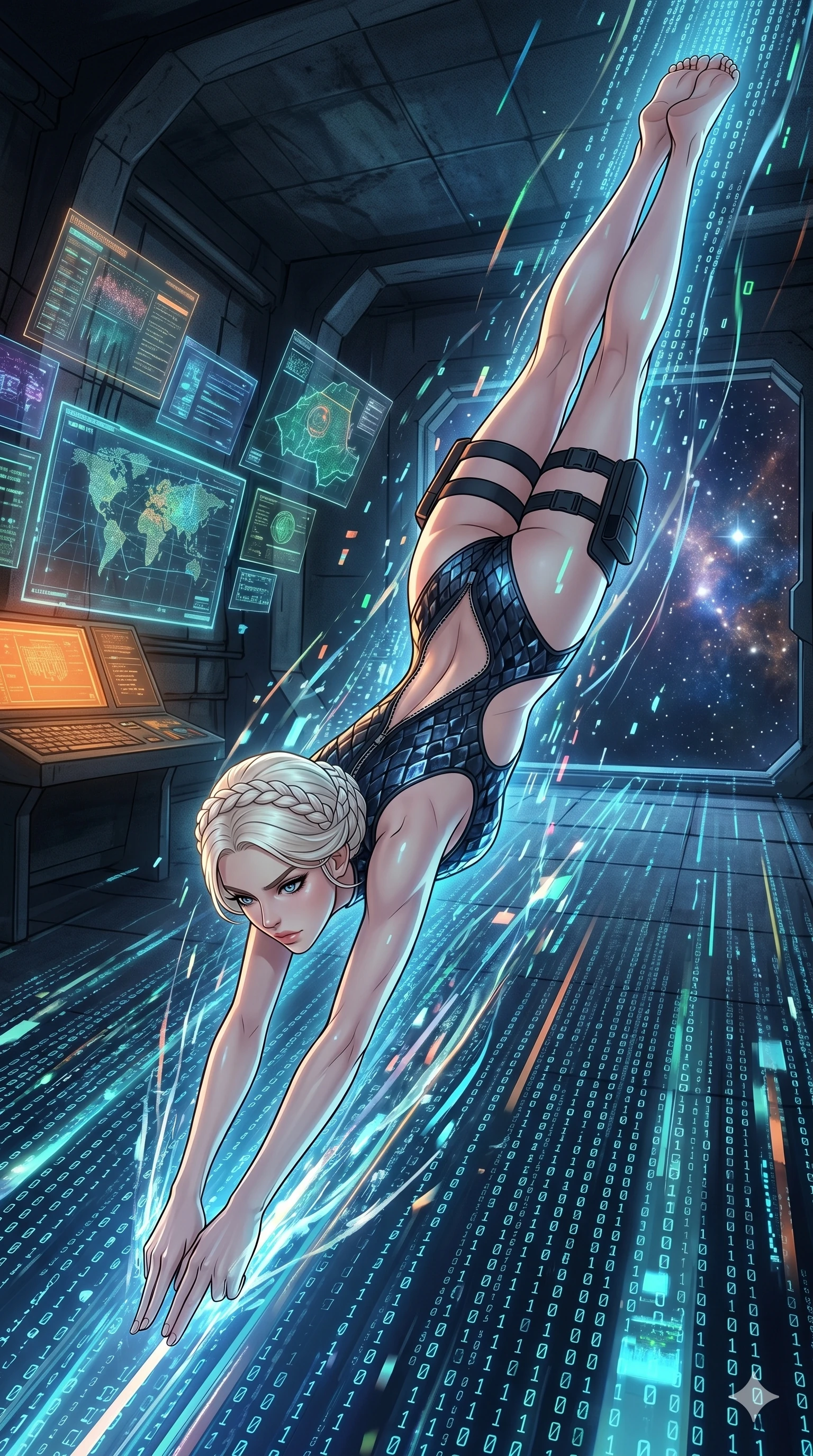 score_9, masterpiece, best quality, ultra-detailed, High-budget Anime Keyframe, vibrant colors, fluid line-art, expressive lighting, cinematic composition, Ufotable-style visual effects, top-tier animation quality, Caucasian woman with pale skin, blonde hair, and (strictly human ears). Cinematic low angle perspective showcasing her towering height and perfect 8-heads proportion. Diving into a vast sea of digital code and liquid light, her form becoming one with the stream of information. She has an absolutely perfect 8-heads proportion, an exceptionally tall and slender female figure with impossibly long slender legs and an ultra-slim waist, her statuesque height and towering silhouette dominating the vertical 9:16 frame. Her face is a masterpiece featuring a sharp v-shaped jawline, high-bridge nose, intricate jewel-like eyes with depth, thick eyelashes, and glossy lips with a natural sheen. She is wearing a Sleek tactical leotard with thigh-high holsters, unzipped deeply to show her midriff crafted from Obsidian-glass scales that shimmer with a dark, crystalline brilliance, featuring strategic side cut-outs that emphasize her ultra-slim waist and hips. The scene is set in an underground rebel bunker with flickering holographic screens and tactical maps, illuminated by flickering starlight and nebula glow providing a mystical and vast ambiance. 2k, ultra detail, master piece, 9:16 ratio