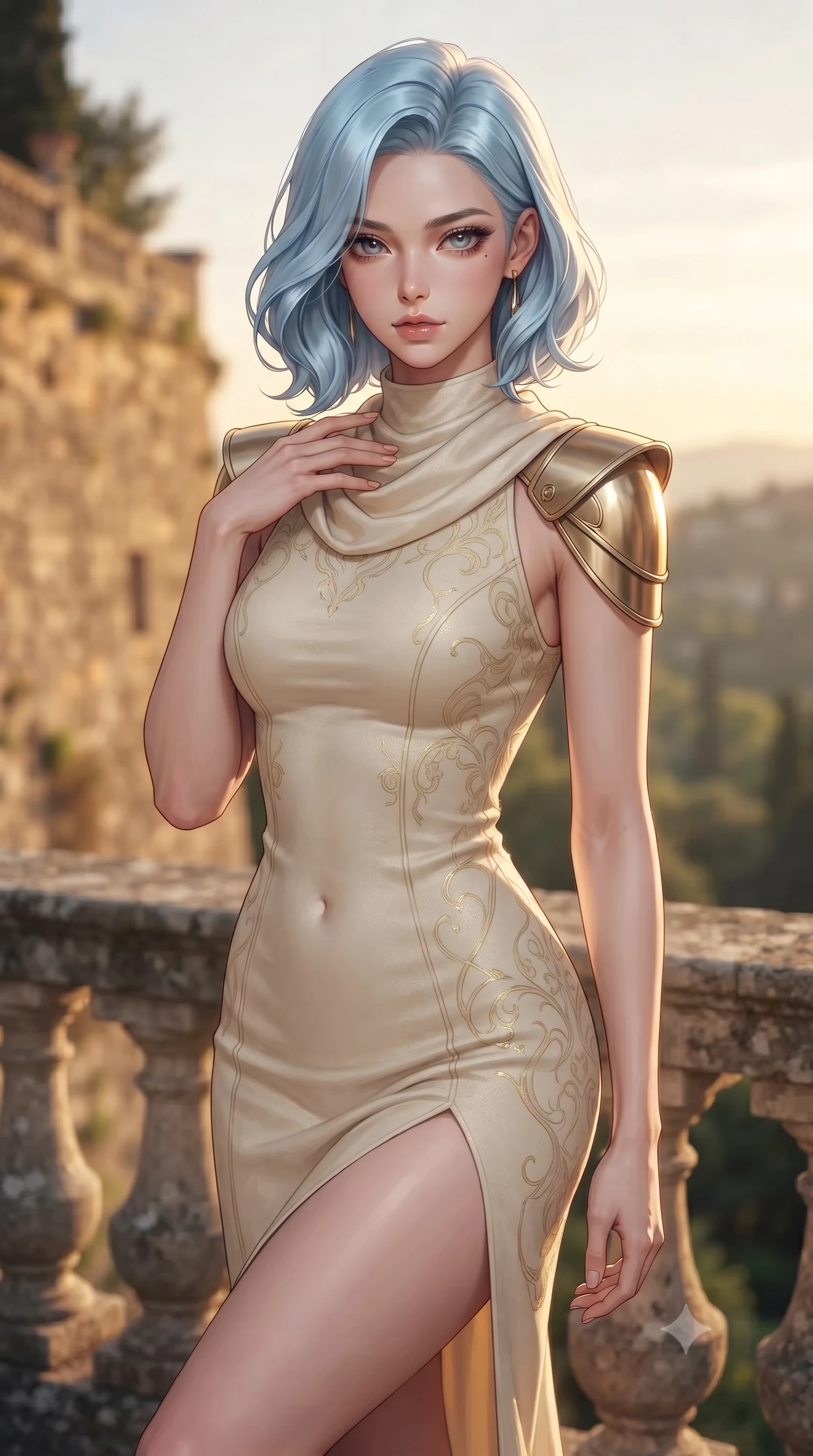 score_9, masterpiece, best quality, ultra-detailed, high-budget anime keyframe, editorial fashion photography, tasteful artistic composition, Korean woman. close-up cowboy shot from the waist and thighs up, the character dominates the composition, filling the frame with her large presence, background elements kept in soft focus. standing with one hand resting on her collarbone, looking at the viewer with bedroom-eyes the background shows a soft-focus a historic estate balustrade terrace looking down at a botanical valley at sunset. She has an exceptionally elegant, slender, and willowy female figure with an ultra-slim waist, a gracefully sculpted slender torso, and a refined silhouette. sharp v-shaped jawline, high-bridge nose, intricate jewel-like eyes with depth, thick eyelashes, glossy lips with a natural sheen. wearing a body-hugging elegant galactic senate gown in cream cashmere, featuring structured metallic gold shoulder guards and a high-neck drape. late afternoon sun casting a majestic golden glow over stone walls. ultra-reflective glossy finish, specular highlights, metallic sheen, high-contrast stereoscopic depth, volumetric dynamic lighting, 2k, ultra detail, master piece, 9:16 ratio