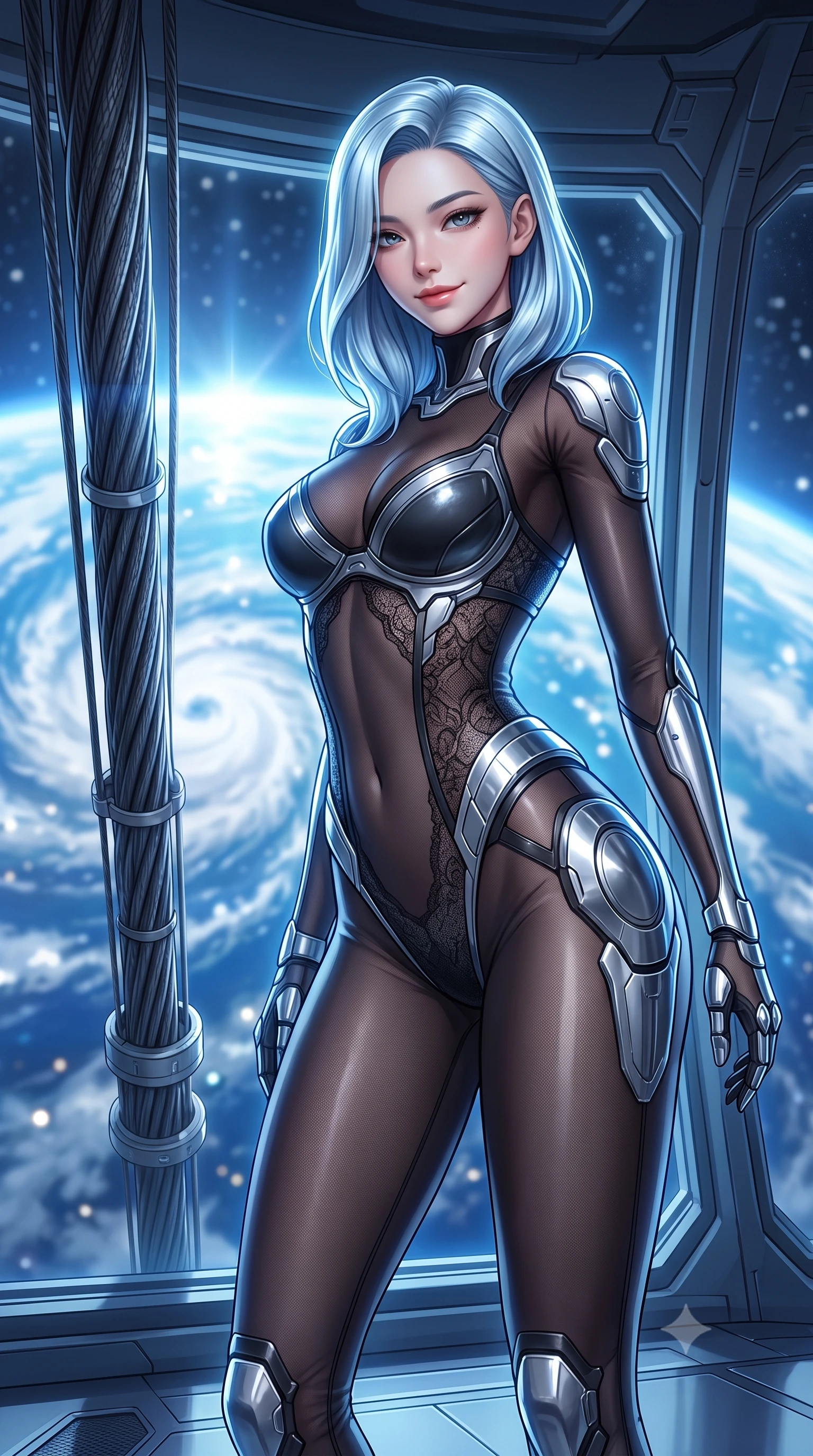 score_9, masterpiece, best quality, ultra-detailed, high-budget anime keyframe, semi-realistic 3D game render, editorial fashion photography, tasteful artistic composition, Korean woman. close-up cowboy shot from the waist and thighs up, the character dominates the composition, filling the frame with her large presence. turning slowly with a smoldering smile, her sleek hair catching the cockpit HUD rim light as her hips angle gracefully in a captivating contrapposto while standing beside the immense carbon-tether cable descending into Earth's atmosphere, arching her spine with breathtaking grace. The background shows a soft-focus the colossal blue disk of Earth with white hurricane spirals and shimmering sun glints blurred into ocean sapphire, cloud white, and starlight bokeh. She has an exceptionally elegant, slender, and willowy female figure with an ultra-slim waist, flat toned midriff, narrow ribcage, and sculpted feminine hips creating an alluring, slim hourglass silhouette without bulk. sharp v-shaped jawline, high-bridge nose, intricate jewel-like sparkling eyes with depth, thick eyelashes, glossy parted lips with a natural sheen, bright confident smile with an enchanting and coquettish sensual glint, exuding both youthful magnetic charm and sovereign high-tech allure, flawlessly proportioned anatomical accuracy, strict slender model proportions, natural body alignment, perfectly sculpted long slender limbs, ultra-slim waistline, clean dynamic posture without body distortion. wearing a form-contouring semi-opaque dark mesh catsuit with carbon-plated cups and fine lace-pattern panels across her torso in liquid chrome silver and pitch black, made of supple second-skin compression stretch jersey clinging flawlessly to her form, accented with strategically placed chrome armor plate guards covering key curves, the form-contouring cut accentuating her sculpted flat midriff, narrow delicate ribcage, and gracefully curvy hips with cybernetic supermodel precision. bathed in magnificent blue Earth-shine cascading through colossal panoramic viewing windows. highly saturated vibrant anime colors, detailed shading with soft gradients, rich glossy textures, high-contrast stereoscopic depth, volumetric dynamic lighting, master piece, 9:16 ratio