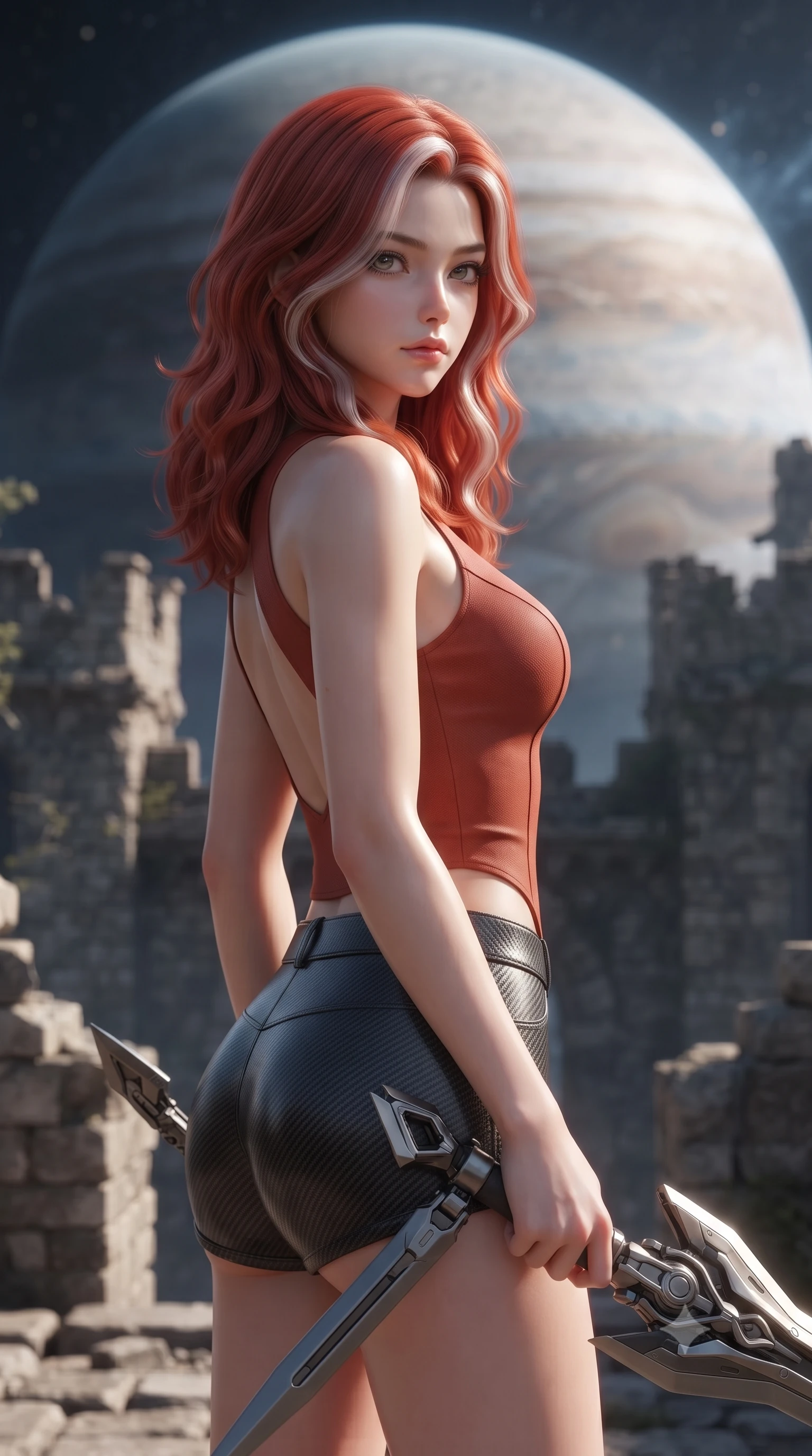 score_9, masterpiece, best quality, ultra-detailed, high-budget anime keyframe, editorial fashion photography, tasteful artistic composition, Caucasian woman. close-up cowboy shot from the waist and thighs up, the character dominates the composition, filling the frame with her large presence, background elements kept in soft focus. holding a deactivated nanotech glaive, looking past the camera with quiet, sharp focus and a composed expression, the background shows a soft-focus ruined stone battlements of a citadel suspended in orbit around a gas planet. She has an exceptionally elegant, slender, and willowy female figure with an ultra-slim waist, a gracefully sculpted slender torso, and a refined silhouette. sharp v-shaped jawline, high-bridge nose, intricate jewel-like eyes with depth, thick eyelashes, glossy lips with a natural sheen. wearing a tailored backless combat top in terracotta red, paired with carbon-fiber micro-shorts. cosmic background light painting the ancient stone walls in a soft wash. ultra-reflective glossy finish, specular highlights, metallic sheen, high-contrast stereoscopic depth, volumetric dynamic lighting, 2k, ultra detail, master piece, 9:16 ratio