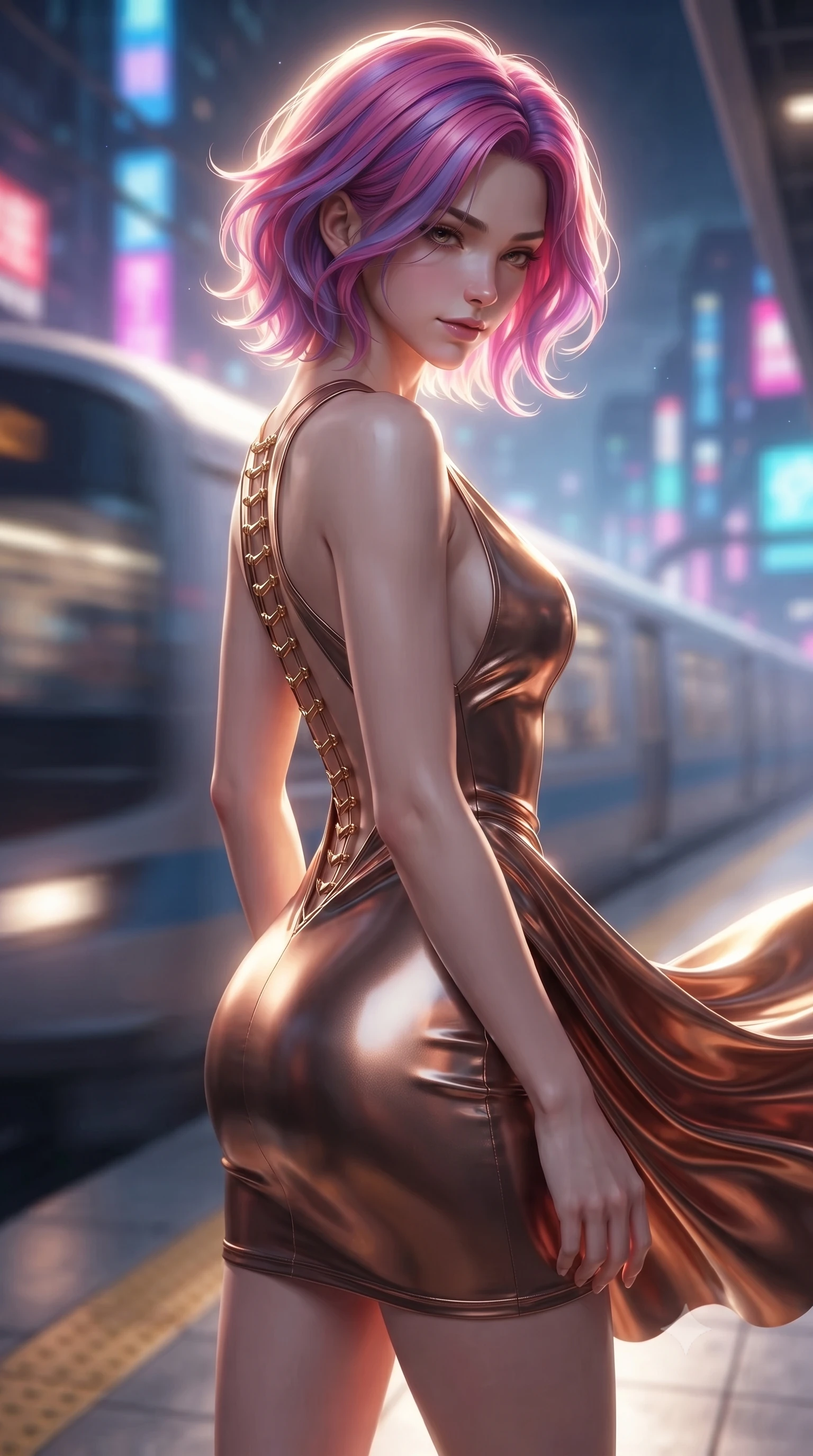 score_9, masterpiece, best quality, ultra-detailed, high-budget anime keyframe, editorial fashion photography, tasteful artistic composition, realistic cosplay photography, Caucasian woman, strictly human ears. close-up cowboy shot from the waist and thighs up, the character dominates the composition, filling the frame with her large presence, background elements kept in soft focus. Looking down at the opponent with quiet, menacing intensity and a cold half-smile. set against a soft-focus background of the platform edge of an elevated sky-train station, wind whipping past as a train speeds away into a neon skyline. She has an exceptionally elegant and slender, willowy female figure with an ultra-slim waist, a gracefully sculpted slender torso, and a refined slim physique. sharp v-shaped jawline, high-bridge nose, intricate jewel-like eyes with depth, thick eyelashes, glossy lips with a natural sheen. wearing the lightweight fabric rippling and billowing dramatically with her movement, a form-contouring deep-V bodycon mini dress in shifting liquid bronze, featuring a dramatic open back and gold spine hardware. dramatic backlight creating a radiant halo effect around her entire silhouette. ultra-reflective glossy finish, specular highlights, metallic sheen, high-contrast stereoscopic depth, volumetric dynamic lighting, 2k, ultra detail, master piece, 9:16 ratio