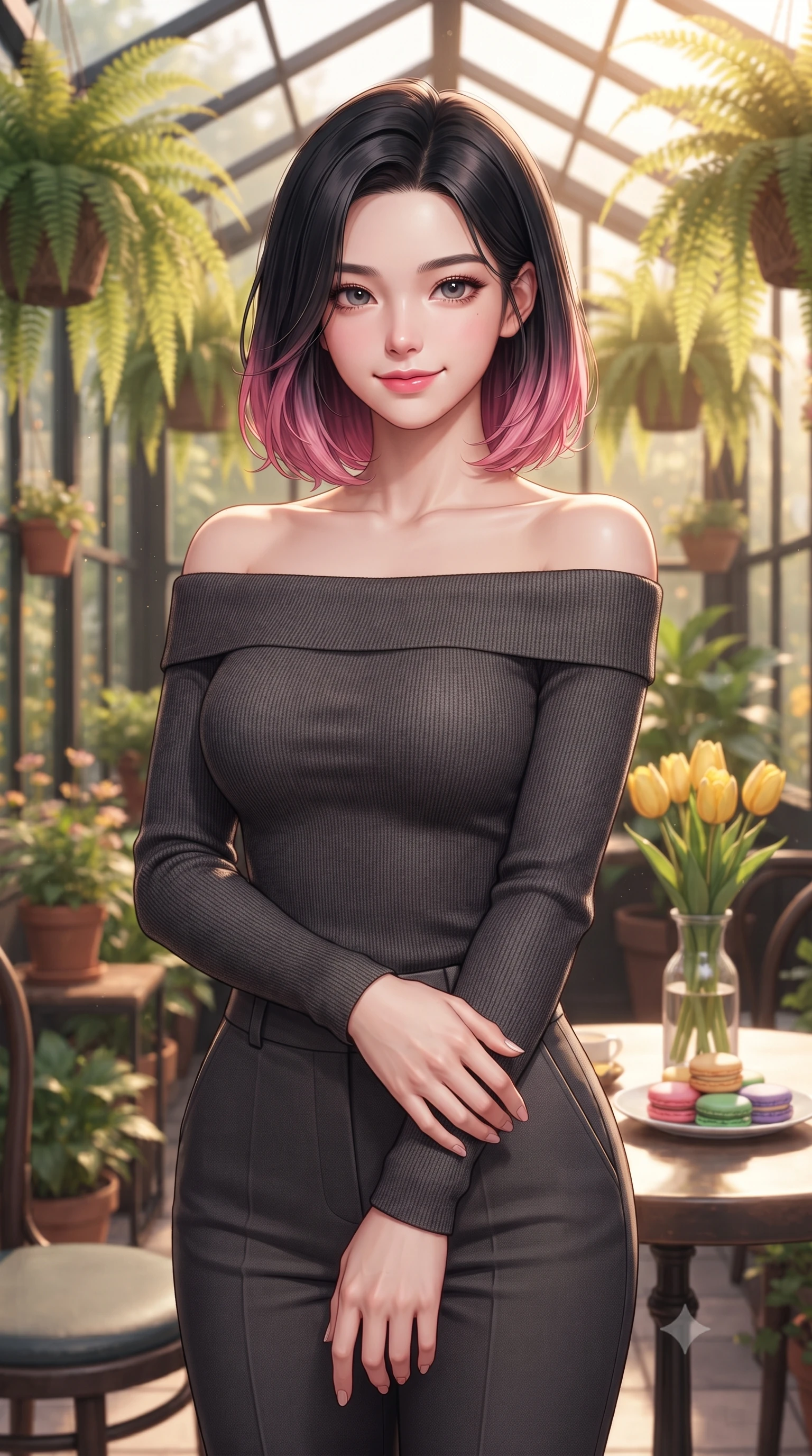score_9, masterpiece, best quality, ultra-detailed, high-budget anime keyframe, editorial fashion photography, tasteful artistic composition, Korean woman. close-up cowboy shot from the waist and thighs up, the character dominates the composition, filling the frame with her large presence, background elements kept in soft focus. smiling cutely with an air of effortless superiority and magnetic charm set against a soft-focus background of in a quiet glass-roofed sunroom cafe filled with hanging ferns and flower pots with a small vase of yellow tulips and a plate of colorful macarons on the table. She has an exceptionally elegant, slender, and willowy female figure with an ultra-slim waist, a gracefully sculpted slender torso, and a refined silhouette. sharp v-shaped jawline, high-bridge nose, intricate jewel-like eyes with depth, thick eyelashes, glossy lips with a natural sheen. wearing form-contouring body-hugging off-shoulder knit top in charcoal, paired with tailored slim pants. warm golden lighting creating a cozy, relaxing weekend mood. highly saturated vibrant anime colors, detailed shading with soft gradients, rich glossy textures, high-contrast stereoscopic depth, volumetric dynamic lighting, master piece, 9:16 ratio