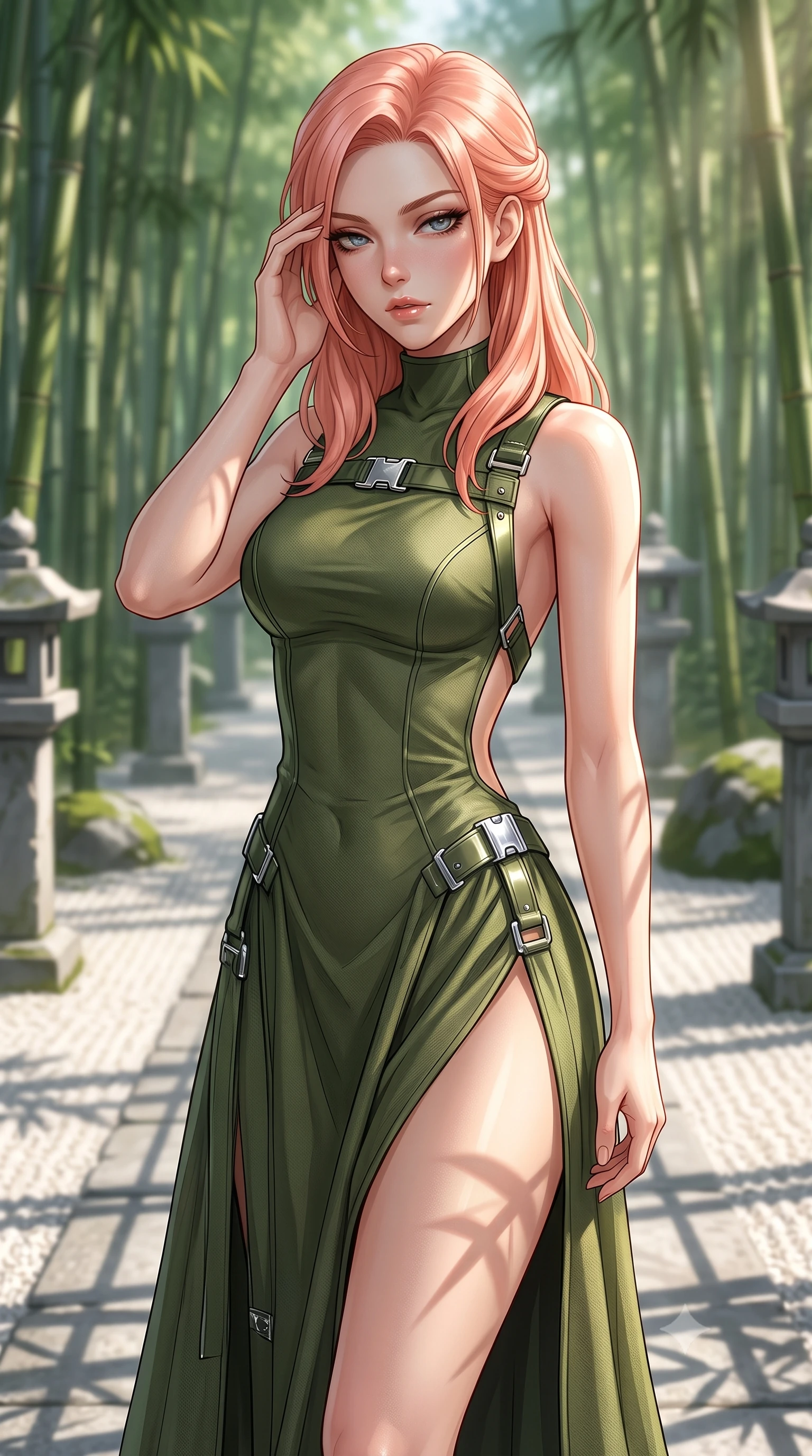 score_9, masterpiece, best quality, ultra-detailed, high-budget anime keyframe, editorial fashion photography, tasteful artistic composition, Japanese woman. close-up cowboy shot from the waist and thighs up, the character dominates the composition, filling the frame with her large presence, background elements kept in soft focus. gently touching the side of her temple, casting a heavy-lidded, sultry look past the camera, the background shows a soft-focus a bamboo forest path with white sand gravel and structured stone lanterns. She has an exceptionally elegant, slender, and willowy female figure with an ultra-slim waist, a gracefully sculpted slender torso, and a refined silhouette. sharp v-shaped jawline, high-bridge nose, intricate jewel-like eyes with depth, thick eyelashes, glossy lips with a natural sheen. wearing a form-contouring dramatic open-back maxi combat dress in olive green, featuring a high thigh slit and chrome straps. crisp morning sunlight casting sharp, clean grid shadows across the sand. ultra-reflective glossy finish, specular highlights, metallic sheen, high-contrast stereoscopic depth, volumetric dynamic lighting, 2k, ultra detail, master piece, 9:16 ratio