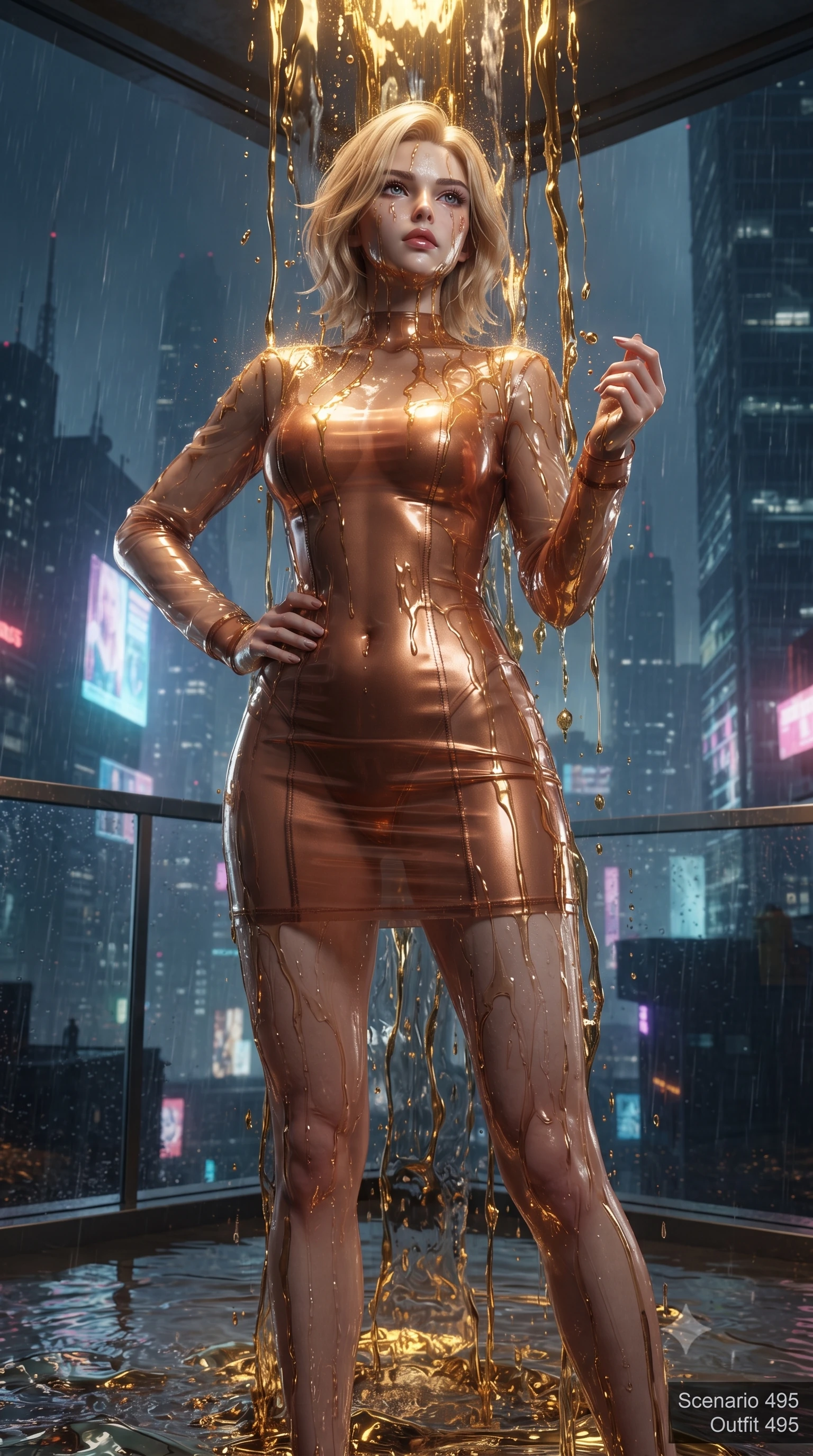 score_9, masterpiece, best quality, ultra-detailed, High-budget Anime Keyframe, editorial fashion photography, tasteful artistic composition, realistic cosplay photography, Caucasian woman, strictly human ears. Low angle cowboy shot filling the entire 9:16 frame with her statuesque presence. Scenario 495: standing under a waterfall of liquid gold, the fluid coating her form, in a minimalist glass balcony overlooking a rainy cyberpunk megacity. Her presence is magnetic and overpowering in this high-budget cinematic scene. Outfit 495: a form-contouring metallic copper sheer organza mini dress with sheer sleeves and opaque panels. The clothing is designed to emphasize her exceptionally tall and slender 8-heads proportion. 8-heads proportion, towering silhouette, ultra-slim waist. sharp v-shaped jawline, intricate jewel-like eyes with depth, thick eyelashes, glossy lips. ultra-reflective glossy finish, specular highlights, metallic sheen, high-contrast stereoscopic depth, volumetric dynamic lighting, 2k, ultra detail, master piece, 9:16 ratio