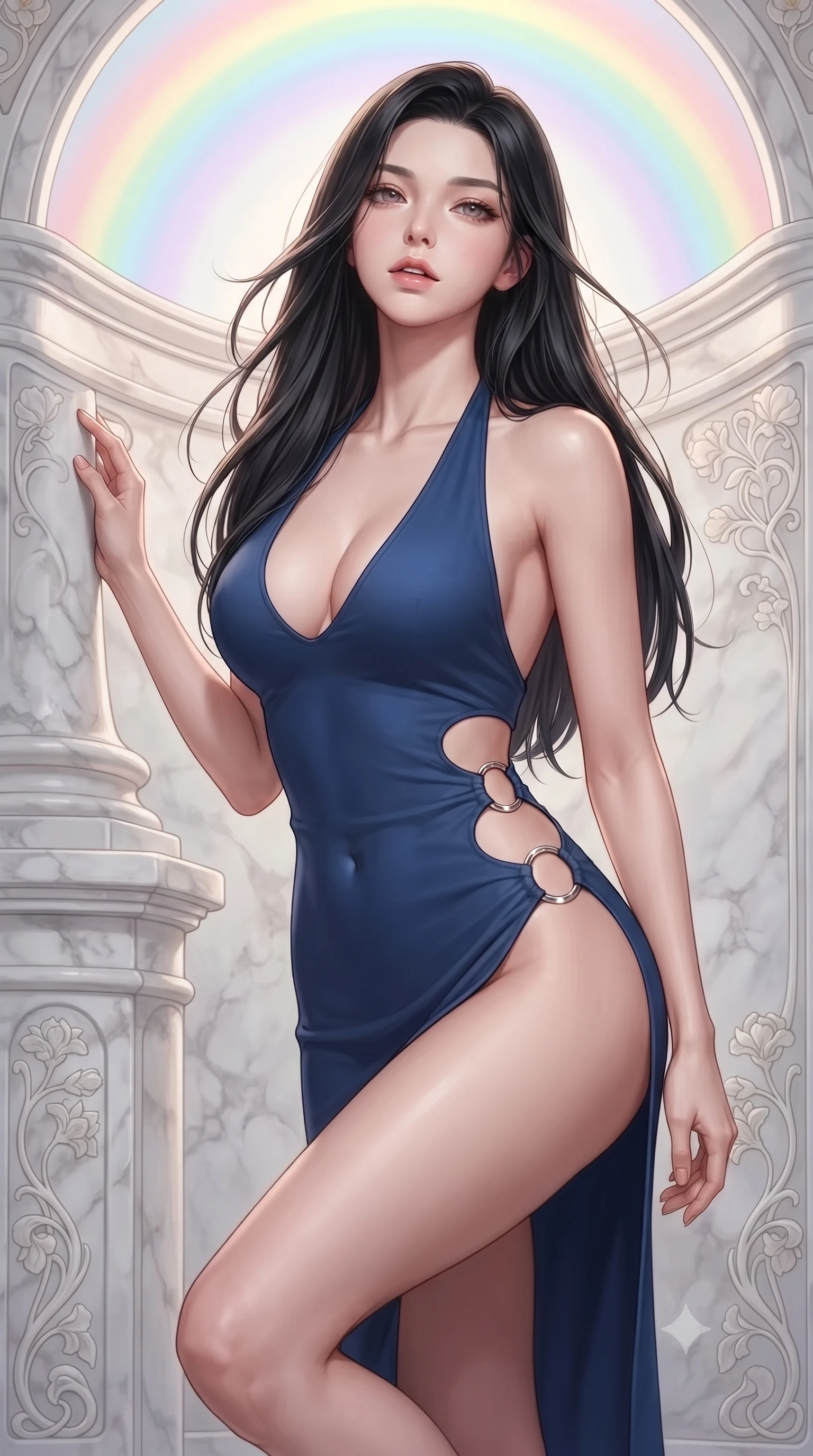 score_9, masterpiece, best quality, ultra-detailed, high-budget anime keyframe, editorial fashion photography, tasteful artistic composition, Korean woman. close-up cowboy shot from the waist and thighs up, the character dominates the composition, filling the frame with her large presence, background elements kept in soft focus. Tilting her chin up slightly with lips parted in a magnetic, composed expression resting against a sculpted white marble pillar under a rainbow dome, intricate floral Art Nouveau motifs decorating the surrounding stone. She has an exceptionally elegant, slender, and willowy female figure with an ultra-slim waist, a gracefully sculpted slender torso, and a refined silhouette. sharp v-shaped jawline, high-bridge nose, intricate jewel-like eyes with depth, thick eyelashes, glossy lips with a natural sheen. wearing a deep-scoop halter neck bodycon dress with daring hip cutouts connected by silver rings, the tailored fabric tightly following every curve of her athletic build. surrounded by a glowing divine aura of sunbeams and incense radiance. ultra-reflective glossy finish, specular highlights, metallic sheen, high-contrast stereoscopic depth, volumetric dynamic lighting, 2k, ultra detail, master piece, 9:16 ratio