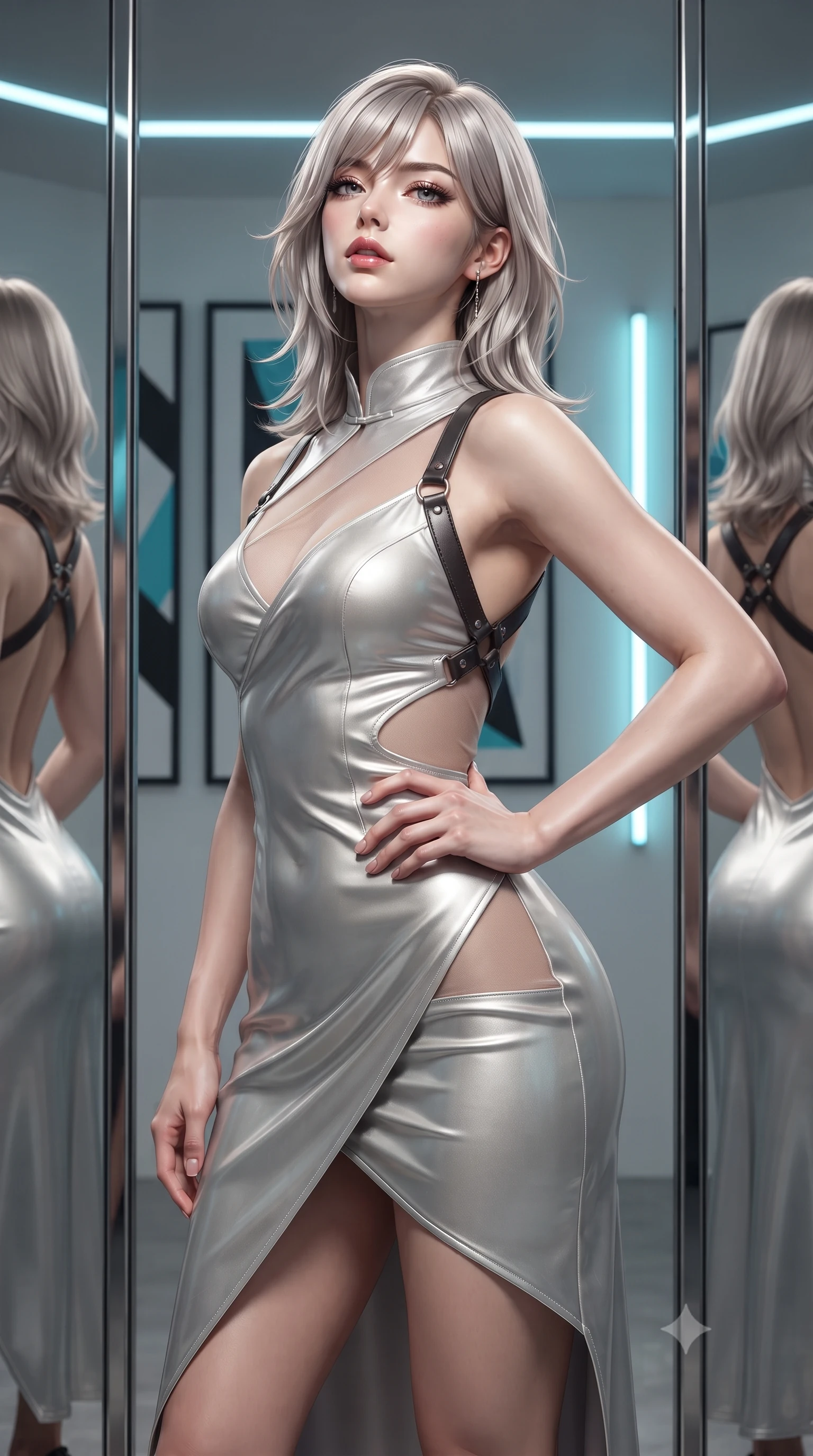 score_9, masterpiece, best quality, ultra-detailed, high-budget anime keyframe, editorial fashion photography, tasteful artistic composition, Japanese woman. close-up cowboy shot from the waist and thighs up, the character dominates the composition, filling the frame with her large presence. tilting her chin up with proud, sovereign allure while gazing through thick eyelashes, one hand resting on her waist in pure supermodel charisma while standing poised between mirror-finished stainless steel columns, her graceful hourglass silhouette multiplied into infinite reflections. The composition keeps background elements in soft focus with creamy bokeh. monumental geometric op-art canvases and minimalist neon wall tubes blurred into crisp alabaster, charcoal, and electric cyan bokeh. She has an exceptionally elegant, slender, and willowy female figure with an ultra-slim waist, flat toned midriff, narrow ribcage, and sculpted feminine hips creating an alluring, slim hourglass silhouette without bulk. sharp v-shaped jawline, high-bridge nose, intricate jewel-like eyes with depth, thick eyelashes, glossy parted lips with a natural sheen, intensely captivating and seductive bedroom-eyes expression, flawlessly proportioned anatomical accuracy, strict slender model proportions, natural body alignment, perfectly sculpted long slender limbs, ultra-slim waistline, clean dynamic posture without body distortion. wearing a wet-look silk fusion wrap dress with asymmetrical sheer mesh cutouts and high Mandarin collar in shimmering silver mercury and pearl white, crafted from second-skin supple lambskin leather with liquid drape, featuring an open-back criss-cross harness strap in dark leather, the precision-cut side openings and low-back scoop framing her graceful spine and the sensual sweep of her slim, toned hips. surrounded by a sophisticated, avant-garde, and dangerously seductive art-world muse aura. ultra-reflective glossy finish, specular highlights, rich textural contrasts, high-contrast stereoscopic depth, volumetric dynamic lighting, 2k, ultra detail, master piece, 9:16 ratio