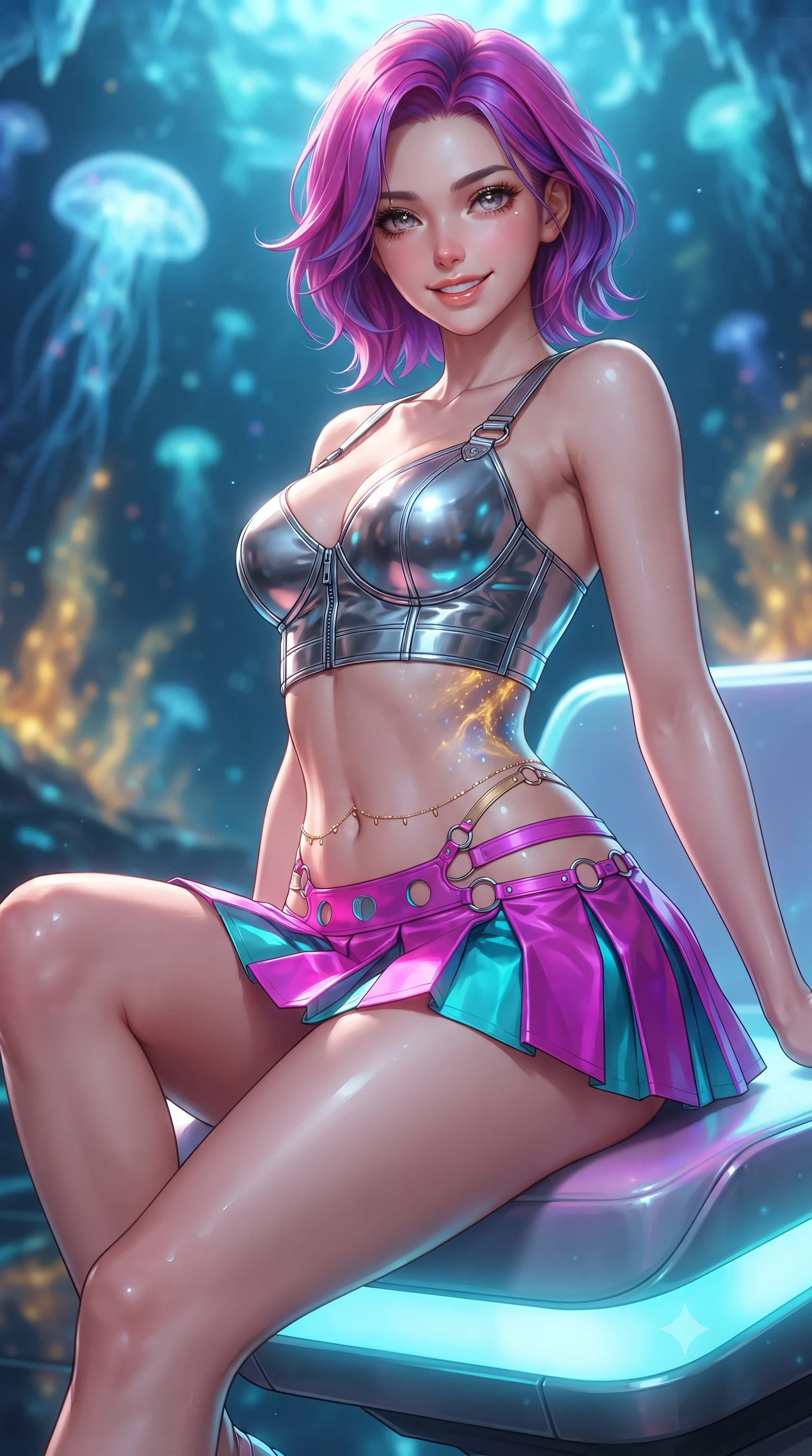 score_9, masterpiece, best quality, ultra-detailed, high-budget anime keyframe, editorial fashion photography, tasteful artistic composition, Caucasian woman. close-up cowboy shot from the waist and thighs up, the character dominates the composition, filling the frame with her large presence. perched sideways on the lounge seat, one knee drawn up to showcase her slender leg line while her arched back accentuates her feminine hip curve while twisting her slender torso in an alluring contrapposto stance, golden mineral vent heat plumes and blue bioluminescence playing across her narrow waist and curvy hips. The background shows a soft-focus drifting alien bioluminescent siphonophores, golden hydrothermal heat plumes, and 20 kilometers of dense overhead ice crust blurred into sapphire, cyan, and topaz bokeh. She has an exceptionally elegant, slender, and willowy female figure with an ultra-slim waist, flat toned midriff, narrow ribcage, and sculpted feminine hips creating an alluring, slim hourglass silhouette without bulk. sharp v-shaped jawline, high-bridge nose, intricate jewel-like sparkling eyes with depth, thick eyelashes, glossy parted lips with a natural peach sheen, bright cheerful beaming smile with an enchanting and coquettish sensual glint, exuding both youthful cute charm and seductive allure, flawlessly proportioned anatomical accuracy, strict slender model proportions, natural body alignment, perfectly sculpted long slender limbs, ultra-slim waistline, clean dynamic posture without body distortion. wearing a chrome-plated tactical combat bustier top with reinforced underwire paired with a low-rise pleated micro combat skirt in Kowloon neon magenta and electric teal, adorned with delicate chrome ring hardware and cutouts along her slender waist, accented with a dainty gold belly chain resting across her flat midriff and curving hips, the liquid-tight tailored fabric clinging flawlessly to her narrow waist and rounded feminine hips, emphasizing every millimeter of her sculpted slim hourglass curves without any bulky heaviness. illuminated by acrylic floor reflection bounce and sharp sapphire-cyan rim lights sculpting her razor-sharp jawline, narrow waist, and curvy hips. ultra-reflective glossy finish, specular highlights, rich textural contrasts, high-contrast stereoscopic depth, volumetric dynamic lighting, 2k, ultra detail, master piece, 9:16 ratio