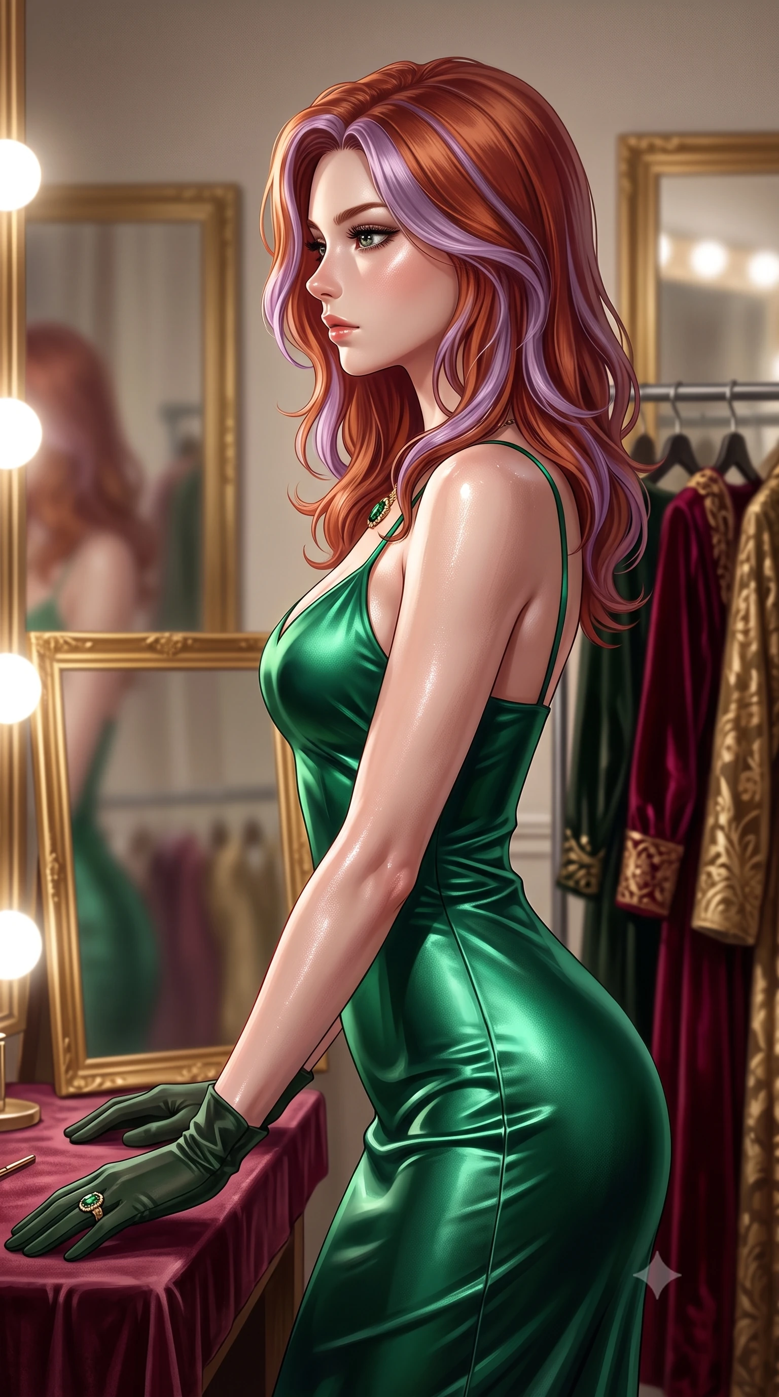 score_9, masterpiece, best quality, ultra-detailed, high-budget anime keyframe, editorial fashion photography, tasteful artistic composition, Caucasian woman. close-up cowboy shot from the waist and thighs up, the character dominates the composition, filling the frame with her large presence, background elements kept in soft focus. turning her face in sharp profile, casting a cold, mysterious, yet intensely alluring side gaze, the background shows a soft-focus the backstage lounge of an opera house with gold mirrors and vintage costume racks. She has an exceptionally elegant, slender, and willowy female figure with an ultra-slim waist, a gracefully sculpted slender torso, and a refined silhouette. sharp v-shaped jawline, high-bridge nose, intricate jewel-like eyes with depth, thick eyelashes, glossy lips with a natural sheen. wearing a tailored form-contouring emerald green silk slip dress that hugs her slender waist and hips. bright vanity spotlights casting detailed front lighting with soft back shadow. ultra-reflective glossy finish, specular highlights, metallic sheen, high-contrast stereoscopic depth, volumetric dynamic lighting, 2k, ultra detail, master piece, 9:16 ratio