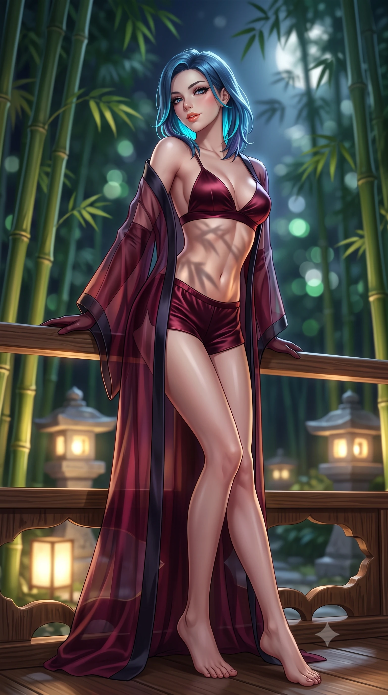 score_9, masterpiece, best quality, ultra-detailed, high-budget anime keyframe, semi-realistic 3D game render, editorial fashion photography, tasteful artistic composition, Caucasian woman. low angle full-body shot from head to toe showing her feet, filling the entire 9:16 vertical frame with her statuesque presence, stretching her vertical silhouette. leaning deep against the balcony balustrade with hips cocked back in an unapologetically alluring high-fashion stance, casting an intoxicating glance while twisting her slender torso in an alluring contrapposto stance, rustling bamboo shadows and warm lantern glows dancing across her flat midriff and hips. The background shows a soft-focus towering green bamboo stalks swaying in night breeze, glowing granite toro stone lanterns, and silver moonbeams blurred into emerald, moss-green, and pale silver bokeh. She has an absolutely perfect, statuesque 8.5-heads proportion, an exceptionally tall and slender model-like female figure with impossibly long slender legs, an ultra-slim waist, a flat toned midriff, narrow delicate ribcage, and beautifully sculpted feminine hips creating a graceful, slim hourglass silhouette without any bulky heaviness. sharp v-shaped jawline, high-bridge nose, sparkling eyes with hypnotic seductive depth, thick curled eyelashes, glossy parted lips with a natural dewy peach sheen, alluring bedroom-eyes with an enchanting coquettish smile, exuding magnetic siren charisma and sophisticated glamour, flawlessly proportioned anatomical accuracy, strict slender model proportions, natural body alignment, perfectly sculpted long slender limbs, ultra-slim waistline, clean dynamic posture without body distortion. wearing a sheer silk organza modern kimono robe worn loose and slipping off bare shoulders over a matching satin bralette and micro-shorts in Gion dark cherry and midnight obsidian, crafted from fluid liquid silk satin that clings smoothly to every curve with a dewy sheen, complemented by sheer opera-length evening gloves tracing her slender arms, the form-contouring silhouette accentuating her sculpted flat midriff, narrow delicate ribcage, and gracefully curvy hips with intoxicating allure. bathed in soft 2700K warm upward spotlights illuminating the bamboo bases combined with cool silver moonbeams filtering through the canopy. highly saturated vibrant anime colors, detailed shading with soft gradients, rich glossy textures, high-contrast stereoscopic depth, volumetric dynamic lighting, master piece, 9:16 ratio