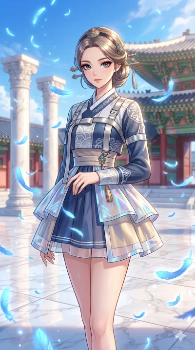 score_9, masterpiece, best quality, ultra-detailed, High-budget Anime Keyframe, beautiful Korean anime girl. Upper body close-up from the thighs up, character filling the screen for maximum presence. Standing in a rain of blue feathers in a white mar