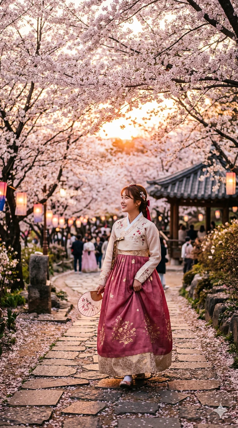 A young woman in traditional hanbok walking through a cherry blossom garden at sunset 2k, ultra detail, master piece, 9:16 ratio