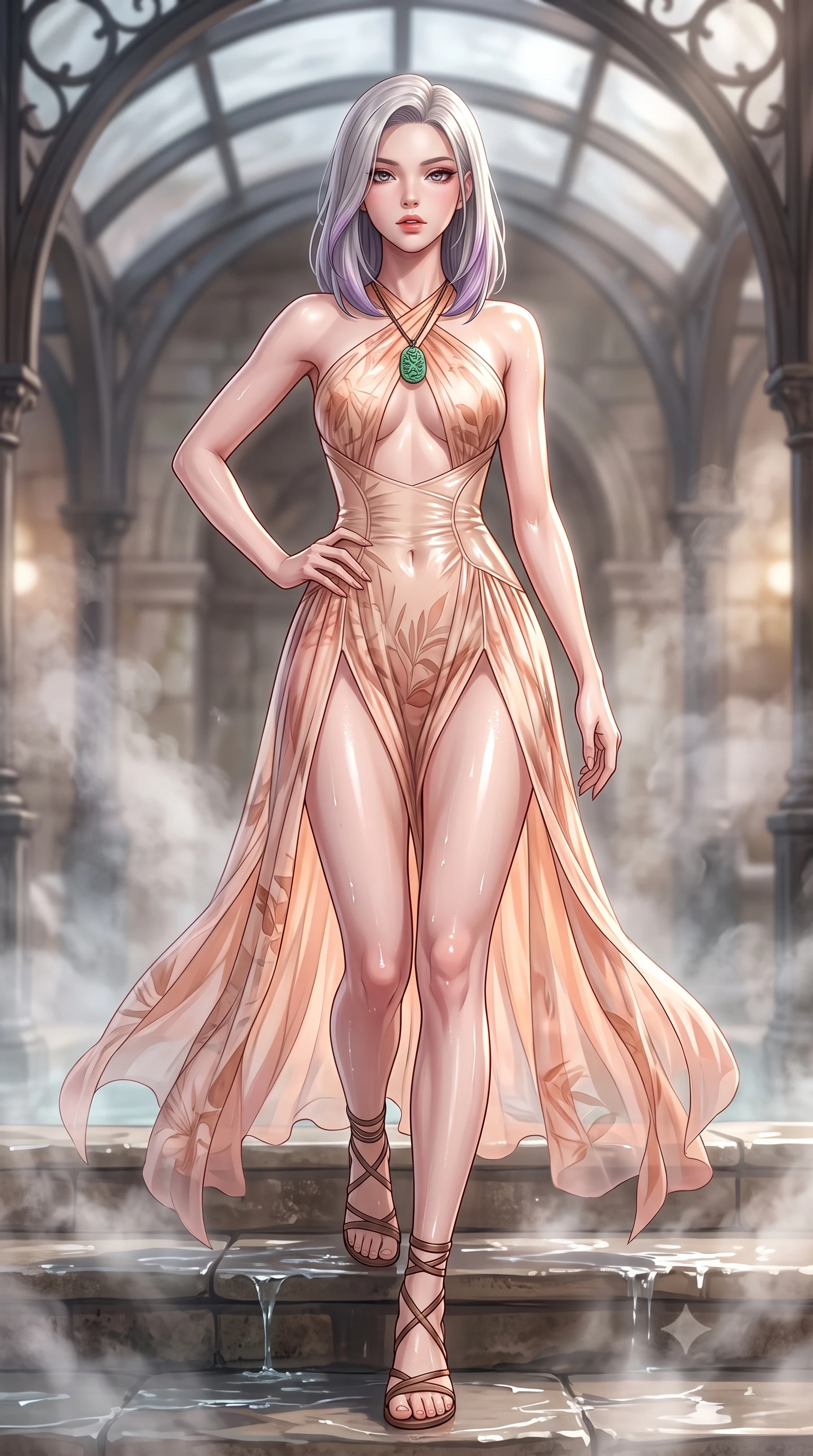 score_9, masterpiece, best quality, ultra-detailed, high-budget anime keyframe, semi-realistic 3D game render, editorial fashion photography, tasteful artistic composition, Caucasian woman. low angle full-body shot from head to toe showing her feet, filling the entire 9:16 vertical frame with her statuesque presence, stretching her vertical silhouette. striding forward in a proud supermodel runway stride, hips swaying in an alluring kinetic rhythm that accentuates her curvy hourglass silhouette while kneeling gracefully on a wet stone pool step with one hand on her hip, thermal steam rising to caress her feminine curves. The composition keeps background elements in soft focus with creamy bokeh. steaming pool water vapors and curved Victorian iron ribs softened in dreamy shallow focus. She has an absolutely perfect, statuesque 8.5-heads proportion, an exceptionally tall and slender model-like female figure with impossibly long slender legs, a toned flat midriff, an ultra-slim waist, and beautifully sculpted feminine hips. sharp v-shaped jawline, high-bridge nose, intricate jewel-like eyes with depth, thick eyelashes, glossy parted lips with a natural sheen, intensely captivating and seductive bedroom-eyes expression, flawlessly proportioned anatomical accuracy, strict slender model proportions, natural body alignment, perfectly sculpted long slender limbs, ultra-slim waistline, clean dynamic posture without body distortion. wearing an open-waist botanical print silk maxi gown with crossed halter straps and bare back in pale peach blossom and brushed copper, woven from sheer cascading chiffon that ripples like water with every step, accessorized with minimalist leather wrap sandals and a carved jade pendant, the form-contouring material adhering flawlessly to her sculpted flat midriff and slender torso, emphasizing her long leg lines and perfectly proportioned willowy build. illuminated by wet specular highlights accentuating her slender neckline, sculpted waist, and rounded hips. highly saturated vibrant anime colors, detailed shading with soft gradients, rich glossy textures, high-contrast stereoscopic depth, volumetric dynamic lighting, master piece, 9:16 ratio