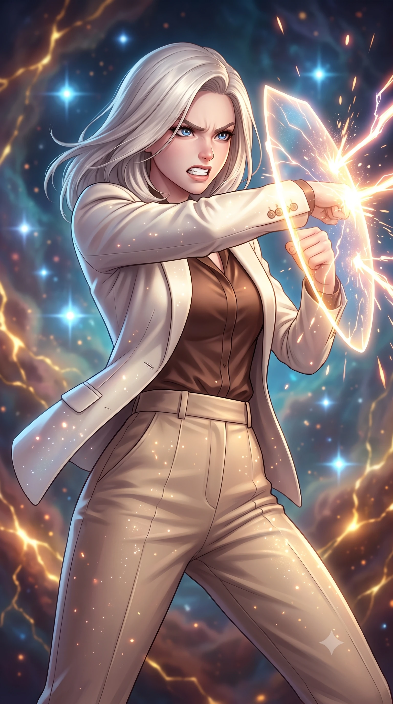 score_9, masterpiece, best quality, ultra-detailed, high-budget anime keyframe, editorial fashion photography, tasteful artistic composition, Caucasian woman, strictly human ears. close-up cowboy shot from the waist and thighs up, the character dominates the composition, filling the frame with her large presence, background elements kept in soft focus. Deflecting incoming plasma bolts with a glowing energy shield attached to her forearm, teeth grit in determination. set against a soft-focus background of inside a gas cloud where baby blue stars are forming like bright gems, casting ripples through the nebula dust. She has an exceptionally elegant and slender, willowy female figure with an ultra-slim waist, a gracefully sculpted slender torso, and a refined slim physique. sharp v-shaped jawline, high-bridge nose, intricate jewel-like eyes with depth, thick eyelashes, glossy lips with a natural sheen. wearing catching and diffusing the glowing particles, shimmering softly in response to the surrounding light, a form-contouring structured ivory blazer over a cocoa brown silk blouse, paired with high-waisted sand-colored tailored trousers. highly saturated vibrant anime colors, intense vivid color palette, soft 3D volumetric shading, volumetric dynamic lighting, glowing kintsugi gold light radiating from cracks in the environment creating a majestic inner glow. 2k, ultra detail, master piece, 9:16 ratio