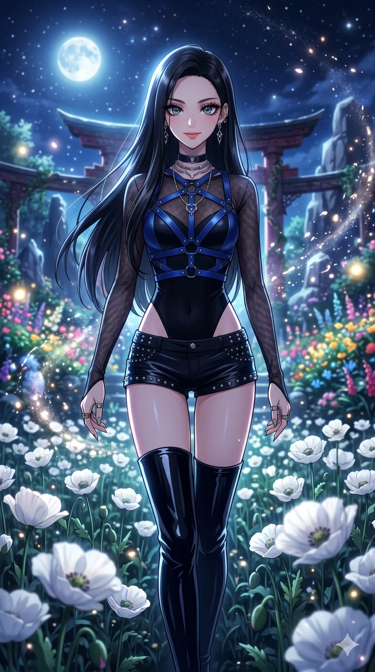 score_9, masterpiece, best quality, ultra-detailed, High-budget Anime Keyframe, beautiful Japanese anime girl. Upper body close-up from the thighs up, character filling the screen for maximum presence. Walking through a field of white poppies under a silver moon in a fantasy garden. She has an absolutely perfect 8-heads proportion, an exceptionally tall and slender female figure with impossibly long slender legs and an ultra-slim waist. Sharp v-shaped jawline, high-bridge nose, intricate jewel-like eyes with depth, thick eyelashes, glossy lips with a natural sheen. Wearing a K-Idol Stage outfit: sapphire leather harness over mesh, high-cut bodysuit, studded micro-shorts, thigh-high patent boots. Background is a bright and colorful environment with cinematic lighting, dynamic particle effects, and high-contrast shadows. 2k, ultra detail, master piece, 9:16 ratio