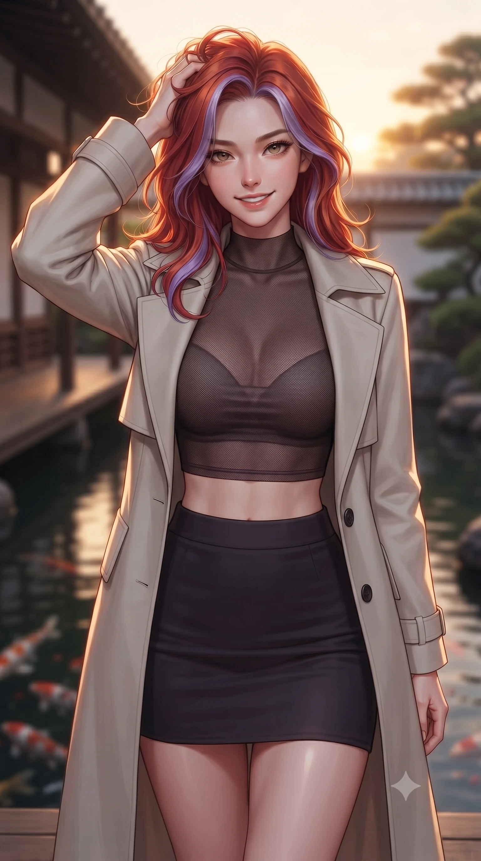 score_9, masterpiece, best quality, ultra-detailed, high-budget anime keyframe, editorial fashion photography, tasteful artistic composition, Caucasian woman. close-up cowboy shot from the waist and thighs up, the character dominates the composition, filling the frame with her large presence, background elements kept in soft focus. smiling with quiet, magnetic self-assurance directly into the camera, running a hand through her hair the background shows a soft-focus a traditional cypress wood veranda facing a calm Zen pond with koi fish. She has an exceptionally elegant, slender, and willowy female figure with an ultra-slim waist, a gracefully sculpted slender torso, and a refined silhouette. sharp v-shaped jawline, high-bridge nose, intricate jewel-like eyes with depth, thick eyelashes, glossy lips with a natural sheen. wearing a body-hugging semi-opaque dark mesh crop top paired with a mini skirt, layered with a tailored light trench coat. warm golden hour sunset tracing her silhouette with a soft glowing rim light. ultra-reflective glossy finish, specular highlights, metallic sheen, high-contrast stereoscopic depth, volumetric dynamic lighting, 2k, ultra detail, master piece, 9:16 ratio