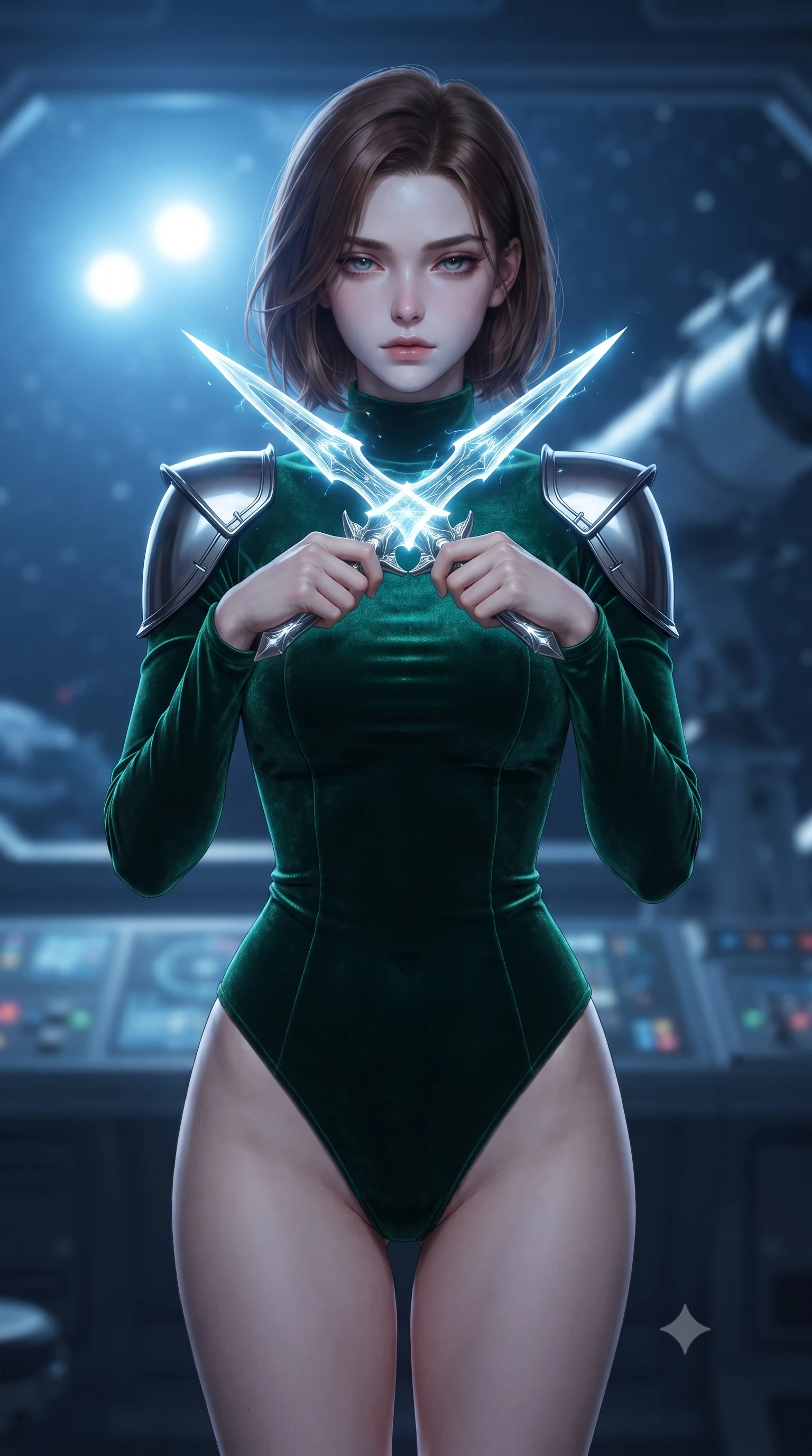 score_9, masterpiece, best quality, ultra-detailed, high-budget anime keyframe, editorial fashion photography, tasteful artistic composition, Korean woman. close-up cowboy shot from the waist and thighs up, the character dominates the composition, filling the frame with her large presence, background elements kept in soft focus. holding two energy daggers crossed in front of her elegant collarbone, casting a heavy-lidded, sultry look, the background shows a soft-focus a telescope deck on a space station facing a bright binary star system. She has an exceptionally elegant, slender, and willowy female figure with an ultra-slim waist, a gracefully sculpted slender torso, and a refined silhouette. sharp v-shaped jawline, high-bridge nose, intricate jewel-like eyes with depth, thick eyelashes, glossy lips with a natural sheen. wearing a form-contouring form-contouring deep emerald green velvet bodysuit with a high mock-neck collar and structured shoulder guards. cool blue moonlight wrapping her statuesque posture in a quiet, solemn mood. ultra-reflective glossy finish, specular highlights, metallic sheen, high-contrast stereoscopic depth, volumetric dynamic lighting, 2k, ultra detail, master piece, 9:16 ratio