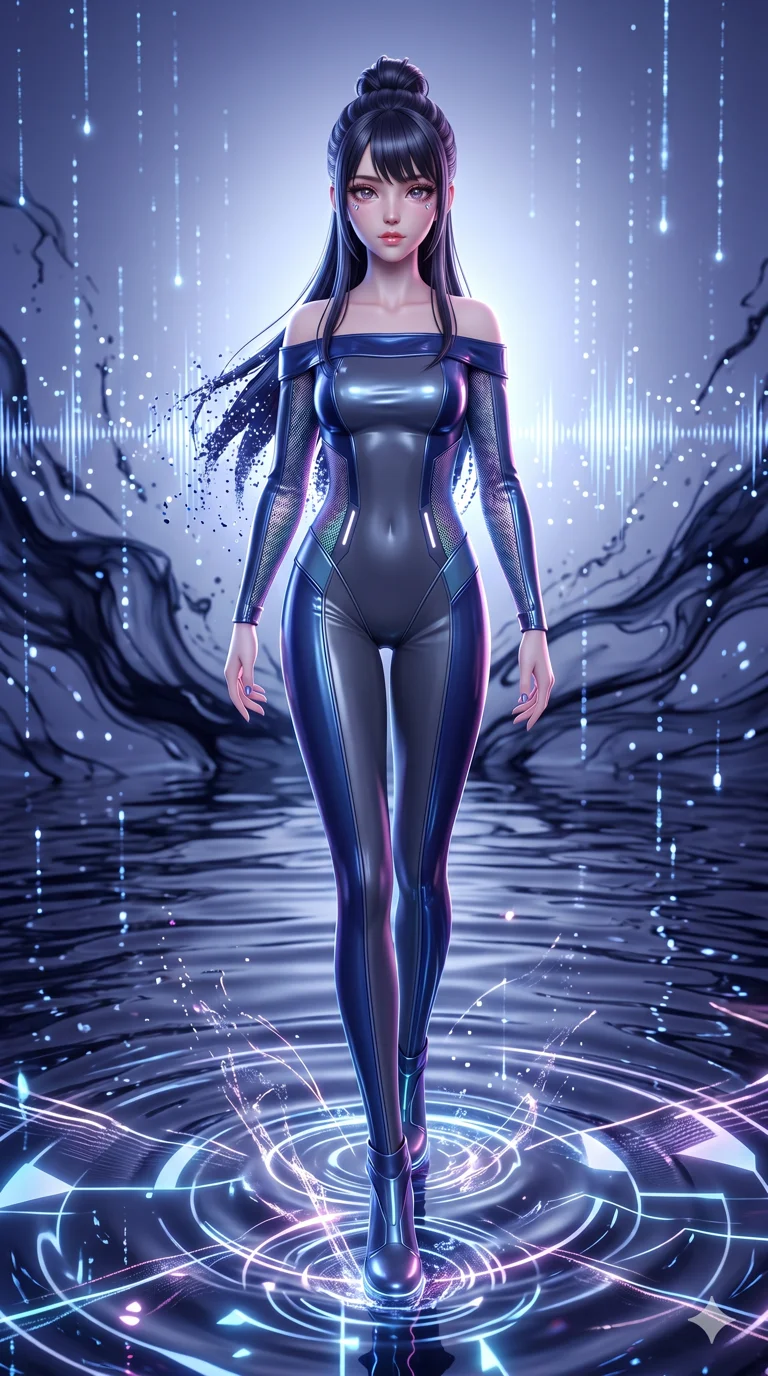 score_9, masterpiece, best quality, ultra-detailed, Semi-realistic 3D Game Render, high-fidelity character model, intricate textures, dynamic particle effects, Unreal Engine 5 aesthetic, crisp 3D depth, Japanese woman with delicate and elegant anime-inspired features. Medium shot from the thighs up, her commanding presence occupying two-thirds of the frame. Walking upon a surface of vibrating fluid that reacts to her every step with geometric ripples. She has an absolutely perfect 8-heads proportion, an exceptionally tall and slender female figure with impossibly long slender legs and an ultra-slim waist, her statuesque height and towering silhouette dominating the vertical 9:16 frame. Her face is a masterpiece featuring a sharp v-shaped jawline, high-bridge nose, intricate jewel-like eyes with depth, thick eyelashes, and glossy lips with a natural sheen. She is wearing a Off-shoulder tech-suit made of high-gloss synthetic fibers, featuring strategic micro-mesh panels. The scene is set in an abstract digital ocean where the water is made of flowing ink and sound waves. 2k, ultra detail, master piece, 9:16 ratio