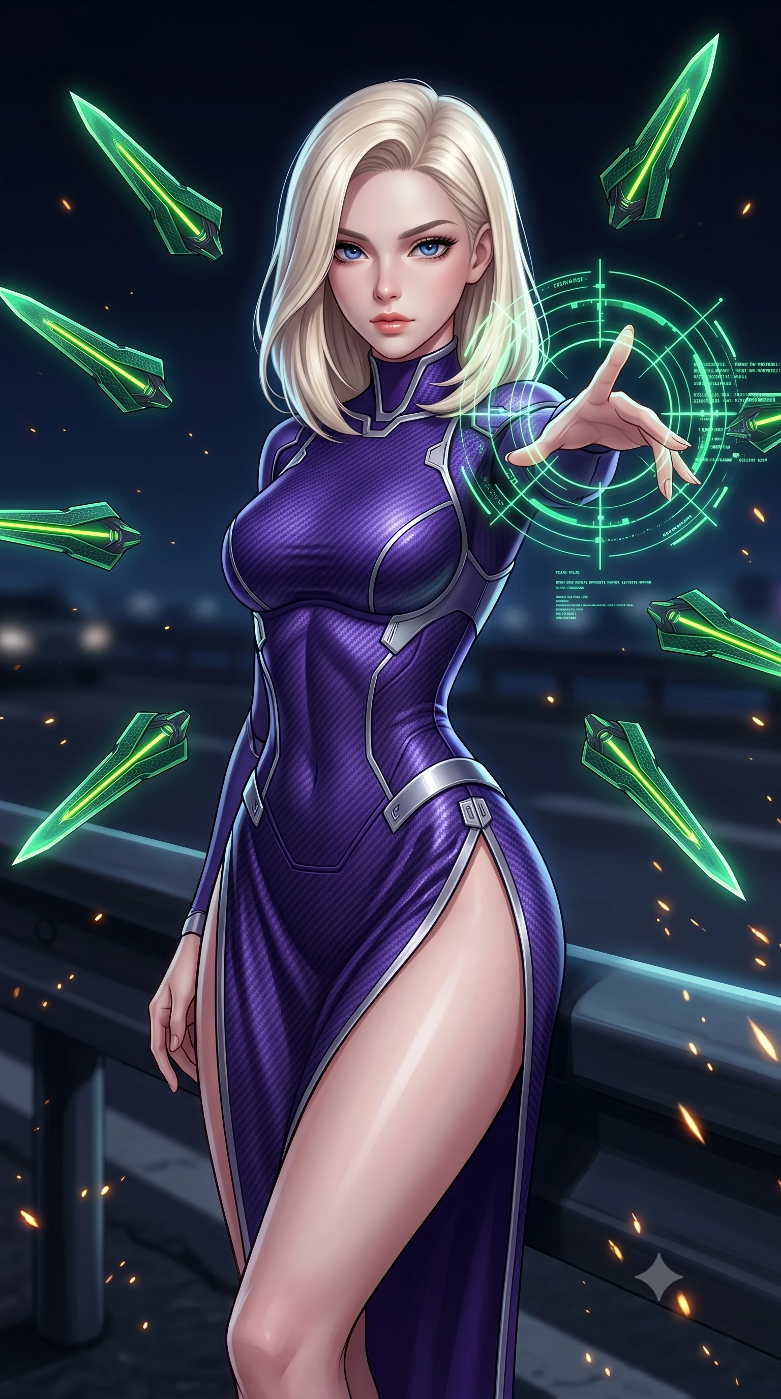 score_9, masterpiece, best quality, ultra-detailed, high-budget anime keyframe, semi-realistic 3D game render, editorial fashion photography, tasteful artistic composition, Caucasian woman. close-up cowboy shot from the waist and thighs up, the character dominates the composition, filling the frame with her large presence. extending one arm gracefully as glowing holographic targeting reticles and data streams orbit her fingertips with sovereign power while leaning against a sleek highway divider barrier with blades resting at her sides, looking into the lens with a dangerous smolder. The composition keeps background elements in soft focus with creamy bokeh. sparks from vibro-blades scattering radiant light motes across a dark nocturnal highway backdrop. She has an exceptionally elegant, slender, and willowy female figure with an ultra-slim waist, a gracefully sculpted slender torso, toned flat midriff, and a refined slim silhouette. sharp v-shaped jawline, high-bridge nose, intricate jewel-like eyes with depth, thick eyelashes, glossy lips with a natural sheen, flawlessly proportioned anatomical accuracy, strict slender model proportions, natural body alignment, perfectly sculpted long slender limbs, ultra-slim waistline, clean dynamic posture without body distortion. wearing a precision-fitted royal purple carbon-fiber battle-dress with high-slit tactical skirt and silver accents, directing eight floating nano-crystal funnel blades with sovereign gestures in emerald green carbon composite with glowing lime laser channels, tailored from flexible second-skin carbon-mesh that clings flawlessly to her athletic curves, finished with high-mobility articulation joints and miniature magnetic armor locks, the sleek second-skin cut tightly hugging her graceful clavicle, narrow waist, and feminine curves with athletic precision. illuminated by sharp specular highlights tracing her ultra-slim waist, long legs, and sculpted armor plates. rich saturated anime colors with glowing neon highlights, detailed shading with soft gradients, rich glossy textures, high-contrast stereoscopic depth, volumetric dynamic lighting, master piece, 9:16 ratio