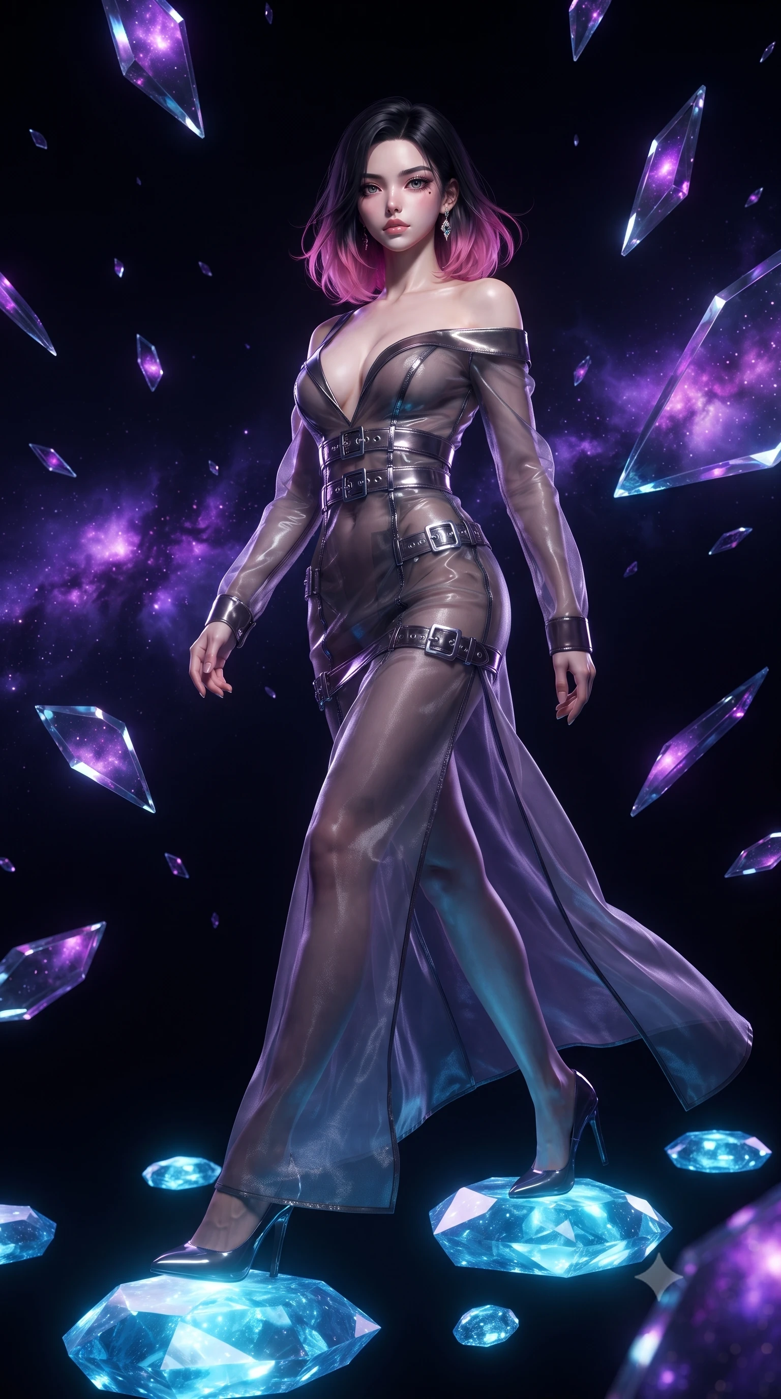score_9, masterpiece, best quality, ultra-detailed, High-budget Anime Keyframe, editorial fashion photography, tasteful artistic composition, realistic cosplay photography, East Asian woman. Low angle cowboy shot filling the entire 9:16 frame with her statuesque presence. Scenario 346: stepping across glowing azure stones in a dark void filled with floating crystal shards reflecting purple nebulae. Her presence is magnetic and overpowering in this high-budget cinematic scene. Outfit 346: a slim-fit sheer organza long with a low-cut shoulder and metallic buckles. The clothing is designed to emphasize her exceptionally tall and slender 8-heads proportion. 8-heads proportion, towering silhouette, ultra-slim waist. sharp v-shaped jawline, intricate jewel-like eyes with depth, thick eyelashes, glossy lips. ultra-reflective glossy finish, specular highlights, metallic sheen, high-contrast stereoscopic depth, volumetric dynamic lighting, 2k, ultra detail, master piece, 9:16 ratio