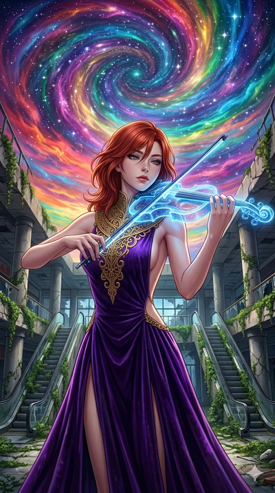 score_9, masterpiece, best quality, ultra-detailed, Set A: High-budget Anime Keyframe, Japanese woman. Upper body close-up from the thighs up, character filling the screen for maximum presence. Theme: Historical Remix. playing a holographic violin in
