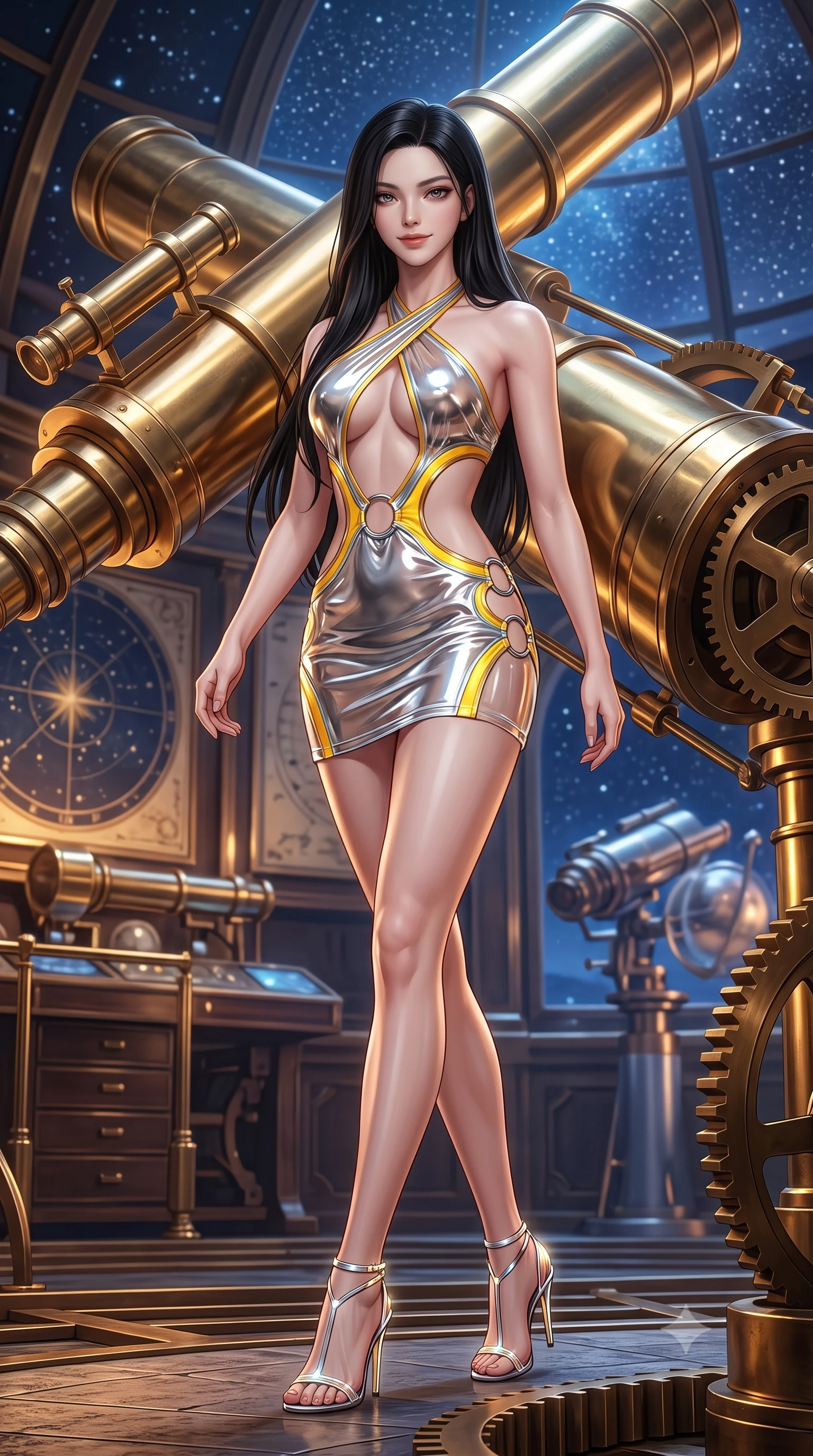 score_9, masterpiece, best quality, ultra-detailed, high-budget anime keyframe, semi-realistic 3D game render, editorial fashion photography, tasteful artistic composition, Korean woman. low angle full-body shot from head to toe showing her feet, filling the entire 9:16 vertical frame with her statuesque presence, stretching her vertical silhouette. striding forward in a proud, statuesque motion with a dangerous smolder, her vertical silhouette dominating the frame from head to toe while leaning against a massive brass celestial telescope with an intelligent, seductive smile looking into the lens. The surrounding environment is rendered in vivid detail and crisp panoramic clarity. rich chiaroscuro lighting and classic Renaissance-futuristic observatory design in panoramic precision. She has an absolutely perfect, statuesque 8.5-heads proportion, an exceptionally tall and slender model-like female figure with impossibly long slender legs, a toned flat midriff, and an ultra-slim waist. sharp v-shaped jawline, high-bridge nose, intricate jewel-like eyes with depth, thick eyelashes, glossy lips with a natural sheen, flawlessly proportioned anatomical accuracy, strict slender model proportions, natural body alignment, perfectly sculpted long slender limbs, ultra-slim waistline, clean dynamic posture without body distortion. wearing a molten silver liquid-metal mini dress featuring deep side-waist cutouts and a daring crossover halter neckline in vibrant sunburst canary yellow and gold trim, tailored from semi-translucent cybernetic vinyl with glowing micro-filaments, detailed with polished silver rings connecting the daring side-waist cutouts, the liquid-tight tailored fabric emphasizing every curve of her tall, slender model proportions and sculptured silhouette during dynamic movement. bathed in warm golden brass reflections and radiant sapphire starlight ambient fill. highly saturated vibrant anime colors, detailed shading with soft gradients, rich glossy textures, high-contrast stereoscopic depth, volumetric dynamic lighting, master piece, 9:16 ratio