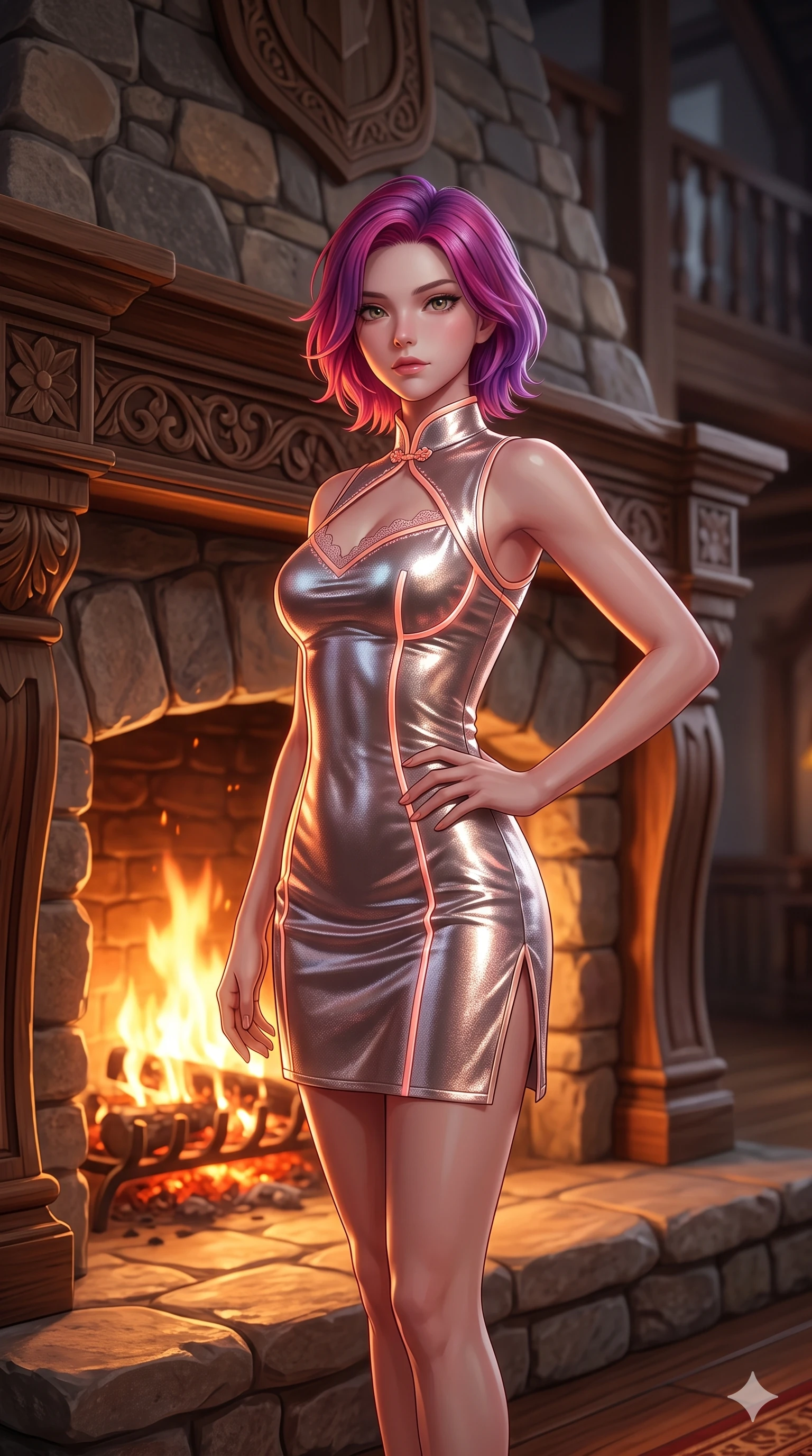 score_9, masterpiece, best quality, ultra-detailed, high-budget anime keyframe, semi-realistic 3D game render, editorial fashion photography, tasteful artistic composition, Caucasian woman. close-up cowboy shot from the waist and thighs up, the character dominates the composition, filling the frame with her large presence. resting one manicured hand delicately on her hip bone, her upper body turning in a fluid, seductive S-curve while parted lips glisten in the light while standing poised on the bear-skin rug before a roaring monumental stone fireplace, arching her spine with seductive elegance as warm firelight caresses her silhouette. The surrounding environment is rendered in vivid detail and crisp panoramic clarity: sharp rough-hewn stone fireplace masonry, glowing embers and flame tongues, and carved medieval timber details in deep focus. She has an exceptionally elegant, slender, and willowy female figure with an ultra-slim waist, flat toned midriff, narrow ribcage, and sculpted feminine hips creating an alluring, slim hourglass silhouette without bulk. sharp v-shaped jawline, high-bridge nose, intricate jewel-like eyes with depth, thick eyelashes, glossy parted lips with a natural sheen, intensely captivating and seductive bedroom-eyes expression, flawlessly proportioned anatomical accuracy, strict slender model proportions, natural body alignment, perfectly sculpted long slender limbs, ultra-slim waistline, clean dynamic posture without body distortion. wearing a modernized cyber-qipao mini dress with an ultra-high side slit ascending to the hip and glowing piping in prismatic rose-quartz and alien peach, crafted from luxurious metallic lamé that shifts radiance with every step, finished with scalloped eyelash lace trim framing her sweetheart neckline with intimate elegance, the impeccably tailored cut draping gracefully along her slender figure with aristocratic poise. illuminated by dynamic warm 2000K roaring firelight casting deep sculpted shadows and radiant amber rim lights across her body. highly saturated vibrant anime colors, detailed shading with soft gradients, rich glossy textures, high-contrast stereoscopic depth, volumetric dynamic lighting, master piece, 9:16 ratio