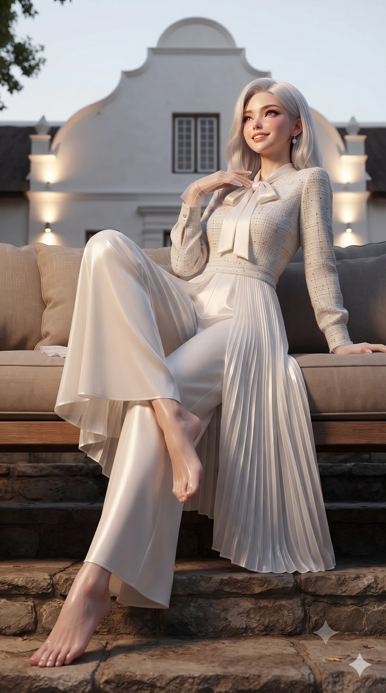 score_9, masterpiece, best quality, ultra-detailed, high-budget anime keyframe, editorial fashion photography, tasteful artistic composition, Korean woman. low angle full-body shot from head to toe showing her feet, filling the entire 9:16 vertical frame with her statuesque presence, stretching her vertical silhouette. sitting poised on the stone steps with one knee bent, arching her spine with supermodel elegance as she glances upward through thick eyelashes while reclining gracefully across the deep linen outdoor sofa propped on one elbow with legs crossed, running one manicured hand slowly along her collarbone with magnetic allure. The surrounding environment is rendered in vivid detail and crisp panoramic clarity: detailed garment tailoring, fine fabric drape, and historic Cape Dutch craft in high resolution. She has an exceptionally tall and slender model-like 8.5-heads proportion, an ultra-slim waist, a flat toned midriff, narrow delicate ribcage, and beautifully sculpted feminine hips creating a graceful, slim hourglass silhouette without any bulky heaviness, with impossibly long slender legs. sharp v-shaped jawline, high-bridge nose, intricate jewel-like sparkling eyes with depth, thick eyelashes, glossy parted lips with a natural peach sheen, bright cheerful beaming smile with an enchanting and coquettish sensual glint, exuding both youthful cute charm and seductive allure, flawlessly proportioned anatomical accuracy, strict slender model proportions, natural body alignment, perfectly sculpted long slender limbs, ultra-slim waistline, clean dynamic posture without body distortion. wearing a refined long-sleeve silk georgette palazzo jumpsuit with pleated overlay skirt and modest neck bow in pure translucent crystal white and liquid platinum, woven from structured British tweed with subtle metallic flecks, complemented by sheer opera-length evening gloves tracing her slender arms, the bespoke structured tailoring following the natural line of her 8.5-heads silhouette with refined elegance. bathed in the warm radiant 2100K hearth firelight mixed with soft uplights on whitewashed architectural gables. ultra-reflective glossy finish, specular highlights, rich textural contrasts, high-contrast stereoscopic depth, volumetric dynamic lighting, 2k, ultra detail, master piece, 9:16 ratio
