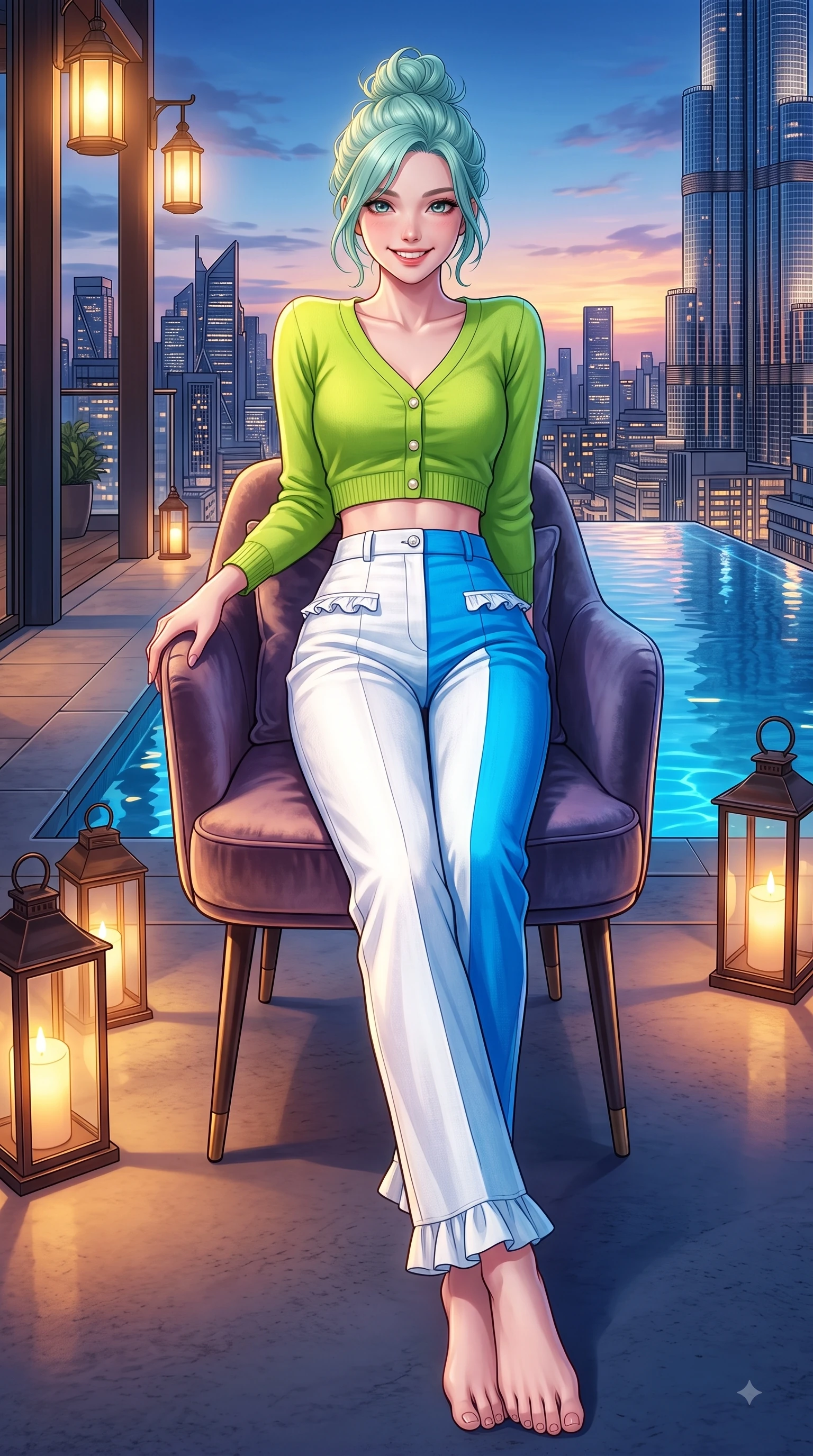 score_9, masterpiece, best quality, ultra-detailed, high-budget anime keyframe, editorial fashion photography, tasteful artistic composition, Japanese woman. low angle full-body shot from head to toe showing her feet, filling the entire 9:16 vertical frame with her statuesque presence, stretching her vertical silhouette. Playful cute grin with eyes crinkling in pure girlhood delight, leaning forward with adorable energy while lounging in a velvet designer chair under warm ambient outdoor lanterns. The surrounding environment is rendered in vivid detail and crisp panoramic clarity. intricate city skyline details, twilight sky gradients, and modern architectural lines in high clarity. She has an absolutely perfect, statuesque 8.5-heads proportion, an exceptionally tall and slender model-like female figure with impossibly long slender legs and an ultra-slim waist. sharp v-shaped jawline, high-bridge nose, intricate jewel-like eyes with depth, thick eyelashes, glossy lips with a natural sheen, flawlessly proportioned anatomical accuracy, natural body alignment, perfectly sculpted elegant limbs, clean dynamic posture without body distortion. wearing a bright lime green cropped cardigan paired with high-waist white linen trousers in electric azure blue and cloud white, tailored from crisp high-density cotton poplin, accented with delicate pearl buttons and refined ruffle trims, the chic fashion cut framing her graceful clavicle and slender torso. illuminated by crisp specular highlights from infinity pool reflections and city lights. highly saturated vibrant anime colors, detailed shading with soft gradients, rich glossy textures, high-contrast stereoscopic depth, volumetric dynamic lighting, master piece, 9:16 ratio