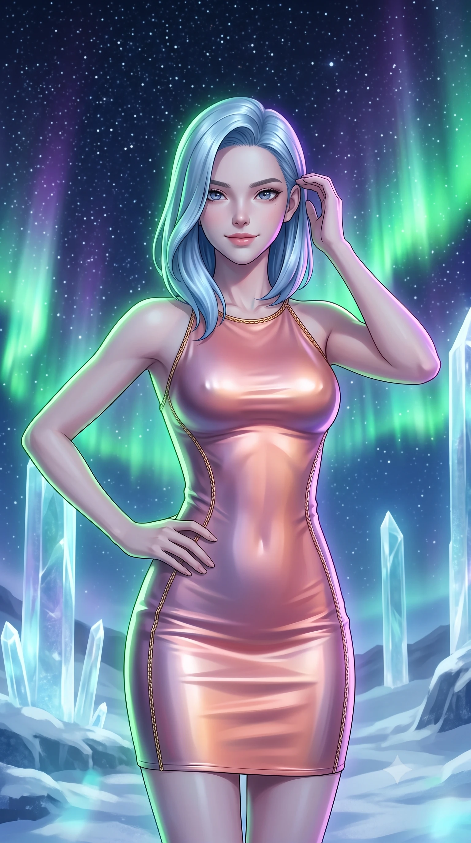 score_9, masterpiece, best quality, ultra-detailed, high-budget anime keyframe, semi-realistic 3D game render, editorial fashion photography, tasteful artistic composition, Korean woman. close-up cowboy shot from the waist and thighs up, the character dominates the composition, filling the frame with her large presence. twisting her slender torso in an alluring contrapposto stance, one hand resting on her sculpted hip while her fingers toy with her hair with effortless poise while twisting her slender torso in an alluring S-curve, celestial green and violet auroral waves playing across her flat midriff and hourglass curves. The surrounding environment is rendered in vivid detail and crisp panoramic clarity: sharp translucent ice crystal facets, wind-sculpted snow rime on balustrades, and dense starfield points in deep focus. She has an exceptionally elegant, slender, and willowy female figure with an ultra-slim waist, flat toned midriff, narrow ribcage, and sculpted feminine hips creating an alluring, slim hourglass silhouette without bulk. sharp v-shaped jawline, high-bridge nose, intricate jewel-like sparkling eyes with depth, thick eyelashes, glossy parted lips with a natural peach sheen, bright cheerful beaming smile with an enchanting and coquettish sensual glint, exuding both youthful cute charm and seductive allure, flawlessly proportioned anatomical accuracy, strict slender model proportions, natural body alignment, perfectly sculpted long slender limbs, ultra-slim waistline, clean dynamic posture without body distortion. wearing a glove-like stretch lambskin leather sheath dress accentuating her ultra-slim waistline without bulk in Solaris liquid rose-quartz and alien peach, made of fluid liquid jersey with seamless sculpting hold and smooth contours, accented with a dainty gold belly chain resting across her flat midriff and curving hips, the form-contouring silhouette accentuating her sculpted flat midriff, narrow delicate ribcage, and gracefully curvy hips with intoxicating allure. illuminated by ice reflection bounce and sharp aurora-green rim lights defining her jawline, narrow waist, and curvy hips. highly saturated vibrant anime colors, detailed shading with soft gradients, rich glossy textures, high-contrast stereoscopic depth, volumetric dynamic lighting, master piece, 9:16 ratio