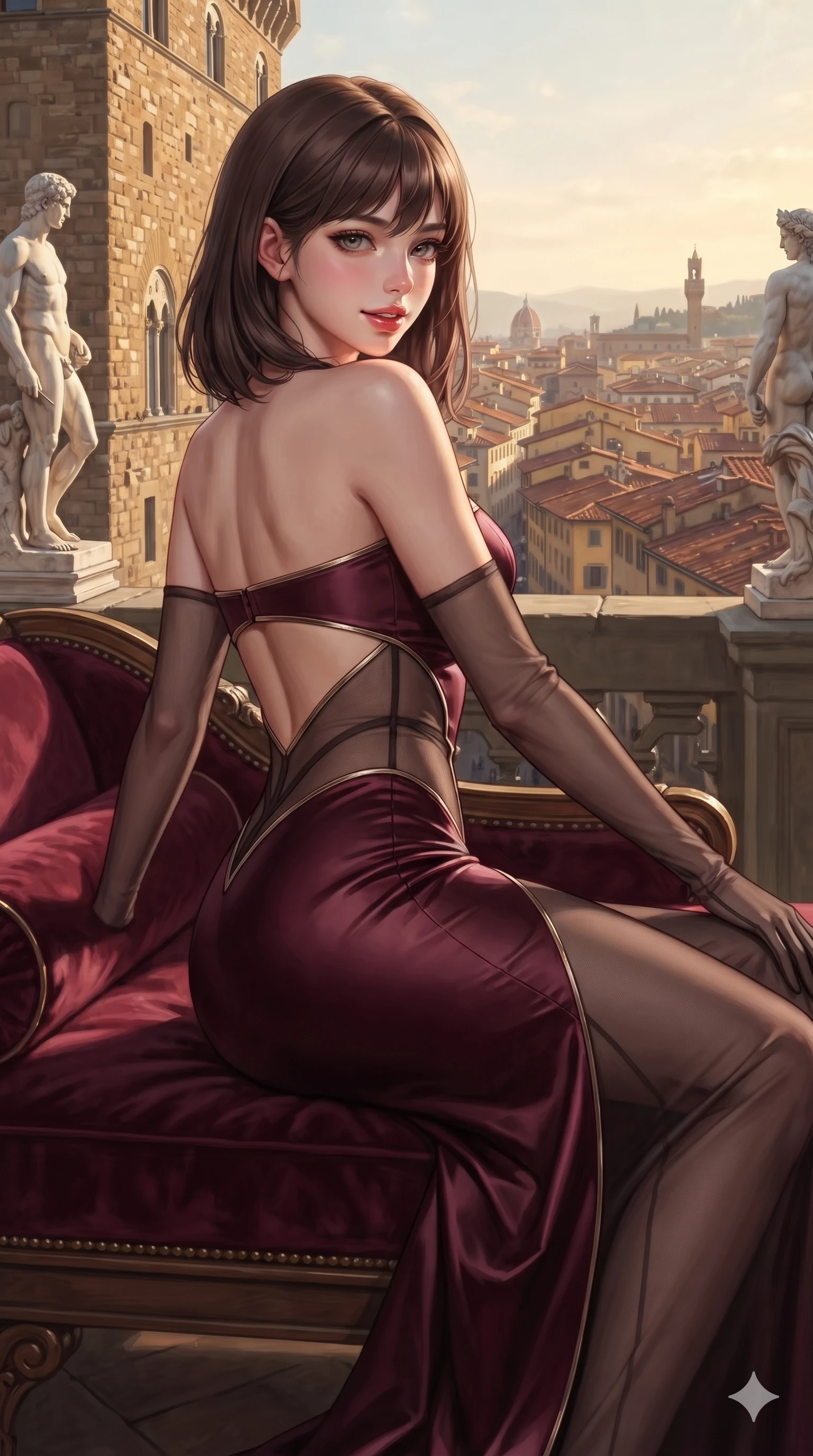 score_9, masterpiece, best quality, ultra-detailed, high-budget anime keyframe, editorial fashion photography, tasteful artistic composition, Korean woman. close-up cowboy shot from the waist and thighs up, the character dominates the composition, filling the frame with her large presence. turning over a bare shoulder with an intoxicating, teasing smile, her soft hair framing her sharp jawline as her hips angle gracefully in a captivating contrapposto while reclining on a velvet daybed beside classical marble sculptures, casting a sultry, contemplative bedroom-gaze over the rooftops of Florence. The surrounding environment is rendered in vivid detail and crisp panoramic clarity: detailed dress tailoring, delicate metallic trim, and ancient Florentine masonry in high resolution. She has an exceptionally elegant, slender, and willowy female figure with an ultra-slim waist, flat toned midriff, narrow ribcage, and sculpted feminine hips creating an alluring, slim hourglass silhouette without bulk. sharp v-shaped jawline, high-bridge nose, intricate jewel-like eyes with depth, thick eyelashes, glossy parted lips with a natural sheen, intensely captivating and seductive bedroom-eyes expression, flawlessly proportioned anatomical accuracy, strict slender model proportions, natural body alignment, perfectly sculpted long slender limbs, ultra-slim waistline, clean dynamic posture without body distortion. wearing a sculpted liquid-satin mermaid gown with an architectural open-waist cutout and bare spine in deep wine burgundy and brushed dark platinum, accented with semi-sheer mesh inserts accentuating her sculpted flat midriff, complemented by sheer opera-length evening gloves tracing her slender arms, the glove-like clinging cut tightly following the natural contour of her hips and long slender legs with youthful 8.5-heads elegance. bathed in the glowing 2800K golden hour radiance of the Tuscan sun reflecting off warm stone parapets. ultra-reflective glossy finish, specular highlights, rich textural contrasts, high-contrast stereoscopic depth, volumetric dynamic lighting, 2k, ultra detail, master piece, 9:16 ratio