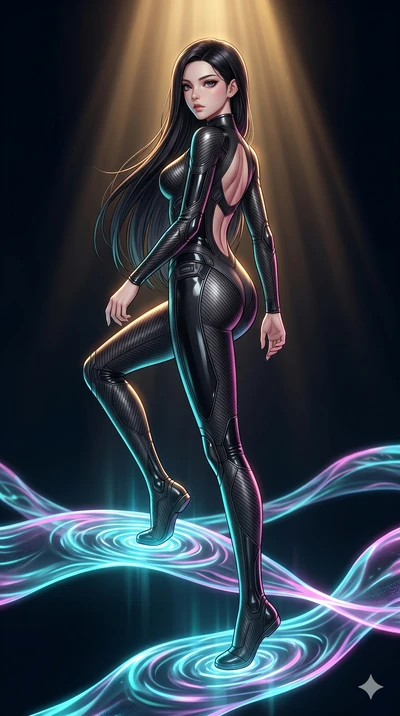 score_9, masterpiece, best quality, ultra-detailed, high-budget anime keyframe, Japanese woman. low angle full-body shot filling the entire 9:16 frame with her statuesque presence, stretching the vertical silhouette. stepping on holographic fluid rib