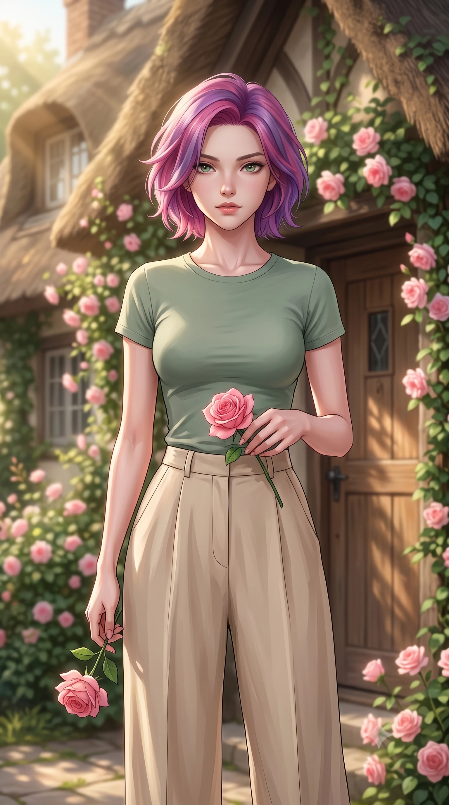 score_9, masterpiece, best quality, ultra-detailed, high-budget anime keyframe, editorial fashion photography, tasteful artistic composition, Caucasian woman woman. close-up cowboy shot from the waist and thighs up, the character dominates the composition, filling the frame with her large presence, background elements kept in soft focus. gazing directly at the viewer with a calm and welcoming expression, holding a fresh flower the background shows a soft-focus the front porch of a charming thatched-roof cottage covered in climbing pink roses. She has an exceptionally elegant, slender, and willowy female figure with an ultra-slim waist, a gracefully sculpted slender torso, and a refined silhouette. sharp v-shaped jawline, high-bridge nose, intricate jewel-like eyes with depth, thick eyelashes, glossy lips with a natural sheen. wearing a form-contouring simple sage green cotton tee paired with high-waisted beige wide-leg pants. warm morning sunbeams highlighting the rustic wooden door and flowers. 2k, ultra detail, master piece, 9:16 ratio