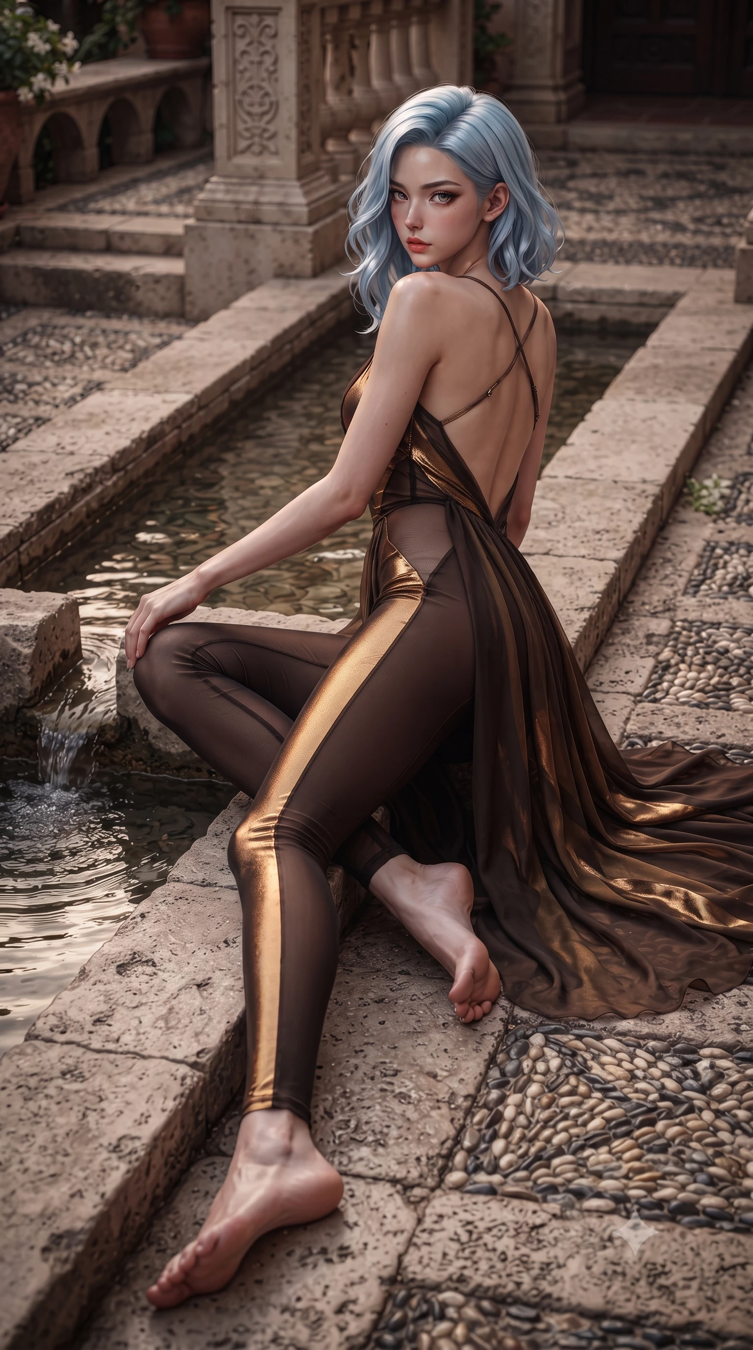 score_9, masterpiece, best quality, ultra-detailed, high-budget anime keyframe, editorial fashion photography, tasteful artistic composition, Korean woman. low angle full-body shot from head to toe showing her feet, filling the entire 9:16 vertical frame with her statuesque presence, stretching her vertical silhouette. reclining on her side in an elegant Cleopatra pose with one knee drawn up, the dramatic contour of her rounded hips and long slender legs commanding the 9:16 vertical frame while leaning against the water-carved stone balustrade with hips cocked back, looking over a bare shoulder with sultry, seductive Andalusian bedroom-eyes. The surrounding environment is rendered in vivid detail and crisp panoramic clarity. sharp water surface ripples in carved stone channels, weathered pebble mosaic steps, and jasmine petal venation in deep focus. She has an exceptionally tall and slender model-like 8.5-heads proportion, an ultra-slim waist, a flat toned midriff, narrow delicate ribcage, and beautifully sculpted feminine hips creating a graceful, slim hourglass silhouette without any bulky heaviness, with impossibly long slender legs. sharp v-shaped jawline, high-bridge nose, intricate jewel-like eyes with depth, thick eyelashes, glossy parted lips with a natural sheen, intensely captivating and seductive bedroom-eyes expression, flawlessly proportioned anatomical accuracy, strict slender model proportions, natural body alignment, perfectly sculpted long slender limbs, ultra-slim waistline, clean dynamic posture without body distortion. wearing a second-skin compression catsuit with an open back and sheer mesh side waist contouring in dark espresso brown and molten gold foil, woven from layered gossamer chiffon with a weightless sweeping drape, finished with criss-cross back satin straps highlighting her graceful shoulder blades, the glove-like aerodynamic silhouette tightly following the natural contour of her hips and long slender legs with statuesque 8.5-heads elegance. bathed in rich Andalusian dusk glow in shades of burnt sienna and dusty rose. ultra-reflective glossy finish, specular highlights, rich textural contrasts, high-contrast stereoscopic depth, volumetric dynamic lighting, 2k, ultra detail, master piece, 9:16 ratio