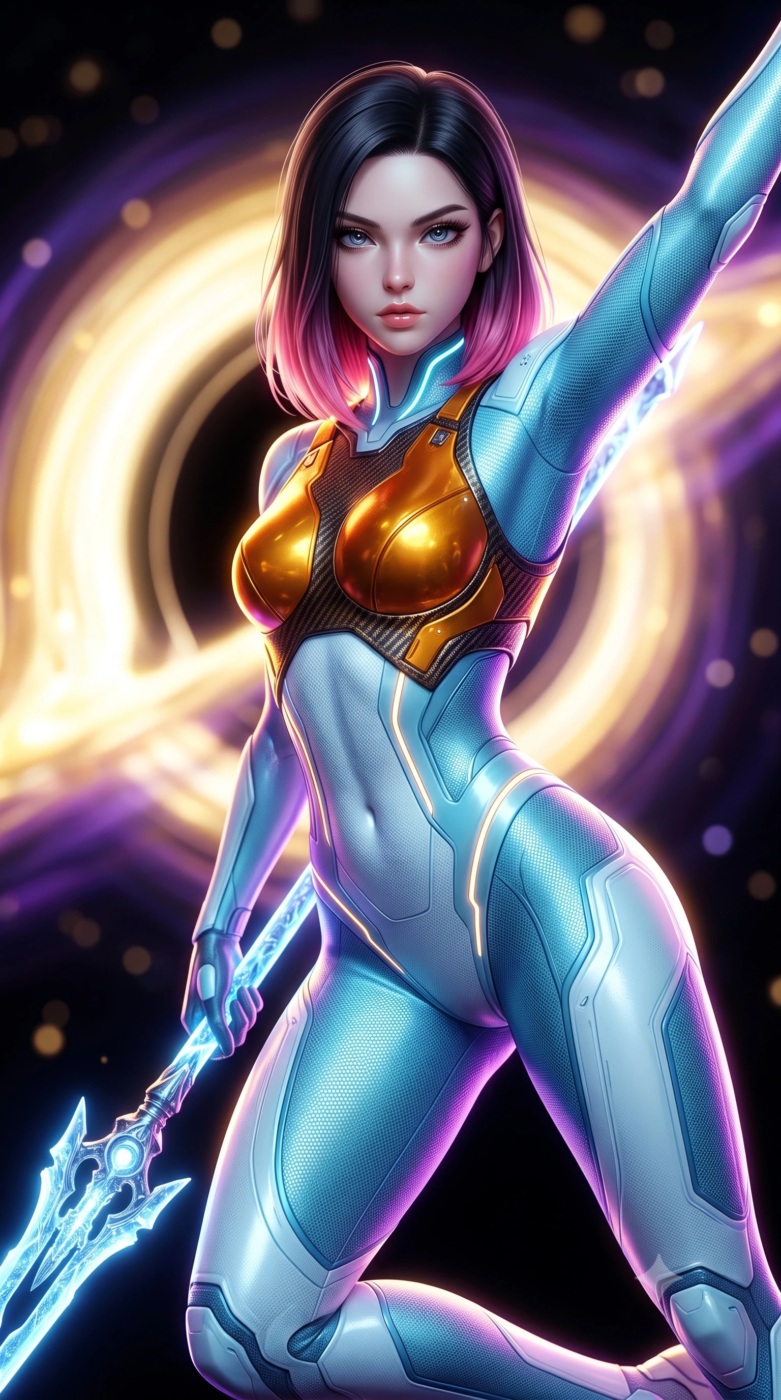 score_9, masterpiece, best quality, ultra-detailed, high-budget anime keyframe, semi-realistic 3D game render, editorial fashion photography, tasteful artistic composition, Korean woman. close-up cowboy shot from the waist and thighs up, the character dominates the composition, filling the frame with her large presence. looking into the camera lens with intense, captivating depth, softly parted glossy lips and thick eyelashes framing her fierce battle-ready gaze while arching her spine in a fluid zero-gravity stretch, her long slender legs and sculpted torso creating a sweeping celestial line. The composition keeps background elements in soft focus with creamy bokeh. swirling black hole singularity core and glowing accretion disk blurred into dazzling gold, violet, and pitch-black bokeh. She has an exceptionally elegant, slender, and willowy female figure with an ultra-slim waist, a gracefully sculpted slender torso, toned flat midriff, and a refined slim silhouette. sharp v-shaped jawline, high-bridge nose, intricate jewel-like eyes with depth, thick eyelashes, glossy lips with a natural sheen, flawlessly proportioned anatomical accuracy, strict slender model proportions, natural body alignment, perfectly sculpted long slender limbs, ultra-slim waistline, clean dynamic posture without body distortion. wearing an ultra-sleek glacial-cyan and white carbon-mesh combat bodysuit with frost-resistant plating, holding a glowing high-frequency cryo-energy spear with commanding poise in molten amber-gold carbon cuirass with dark titanium weave, tailored from flexible second-skin carbon-mesh that clings flawlessly to her athletic curves, accented with glowing fiber-optic conduits tracing her collarbones and hip curves, the liquid-tight tailored fabric emphasizing every curve of her tall, slender model proportions and sculptured silhouette during dynamic movement. bathed in radiant golden singularity accretion glow and saturated violet gravitational field uplights. rich saturated anime colors with glowing neon highlights, detailed shading with soft gradients, rich glossy textures, high-contrast stereoscopic depth, volumetric dynamic lighting, master piece, 9:16 ratio