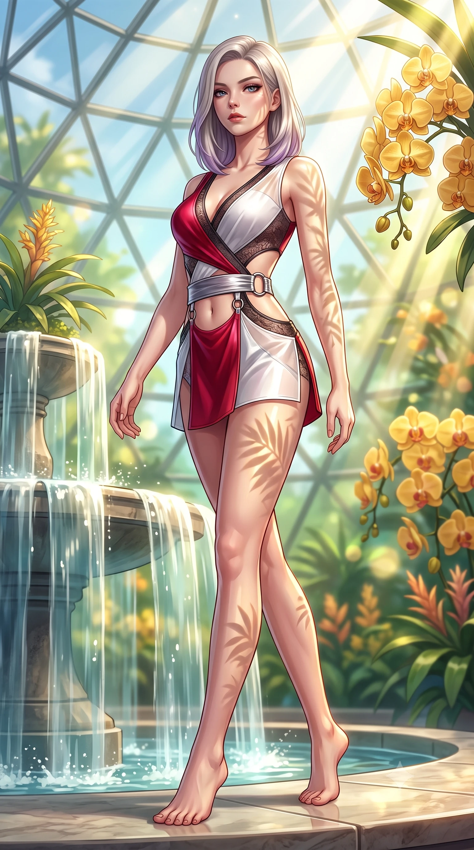score_9, masterpiece, best quality, ultra-detailed, high-budget anime keyframe, semi-realistic 3D game render, editorial fashion photography, tasteful artistic composition, Caucasian woman. low angle full-body shot from head to toe showing her feet, filling the entire 9:16 vertical frame with her statuesque presence, stretching her vertical silhouette. striding forward in a proud, statuesque motion with a dangerous smolder, her vertical silhouette dominating the frame from head to toe while pivoting dynamically beside a cascading glasshouse fountain catching intense volumetric sunbeams. The composition keeps background elements in soft focus with creamy bokeh. golden orchid clusters and geometric glass dome panes blurred into luminous emerald and amber bokeh. She has an absolutely perfect, statuesque 8.5-heads proportion, an exceptionally tall and slender model-like female figure with impossibly long slender legs, a toned flat midriff, and an ultra-slim waist. sharp v-shaped jawline, high-bridge nose, intricate jewel-like eyes with depth, thick eyelashes, glossy lips with a natural sheen, flawlessly proportioned anatomical accuracy, strict slender model proportions, natural body alignment, perfectly sculpted long slender limbs, ultra-slim waistline, clean dynamic posture without body distortion. wearing a shortened cyber-fusion wrap top with transparent chiffon panels, a deep crossover neckline, and a high-waisted metallic sash that accentuates her ultra-slim waist in radiant crimson silk and crisp snow white, crafted from delicate dark lace interwoven with luminescent micro-fibers, detailed with polished silver rings connecting the daring side-waist cutouts, the liquid-tight tailored fabric emphasizing every curve of her tall, slender model proportions and sculptured silhouette during dynamic movement. illuminated by fresh botanical ambient radiance with organic leaf-shadow stencils on her skin. highly saturated vibrant anime colors, detailed shading with soft gradients, rich glossy textures, high-contrast stereoscopic depth, volumetric dynamic lighting, master piece, 9:16 ratio