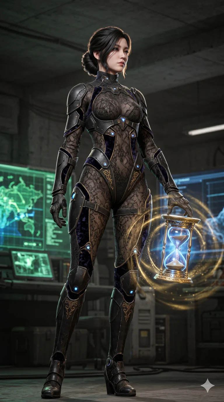 score_9, masterpiece, best quality, ultra-detailed, Semi-realistic 3D Game Render, high-fidelity character model, intricate armor textures, dynamic particle effects, Unreal Engine 5 aesthetic, crisp 3D depth, Korean woman with idol-like refined features. Dramatic low angle looking up at her majestic stature, dominating the vertical space of the composition. Controlling the flow of time itself with an ornate golden hourglass, the world around her slowing to a complete standstill. She has an absolutely perfect 8-heads proportion, an exceptionally tall and slender female figure with impossibly long slender legs and an ultra-slim waist, her statuesque height and towering silhouette dominating the vertical 9:16 frame. Her face is a masterpiece featuring a sharp v-shaped jawline, high-bridge nose, intricate jewel-like eyes with depth, thick eyelashes, and glossy lips with a natural sheen. She is wearing a Sheer lace catsuit with strategically placed armor plating and glowing energy nodes crafted from Crushed dark velvet with a deep, rich texture that absorbs light and glows at the edges, unzipped deeply to reveal a daring glimpse of her chest and a high-cut leg line. The scene is set in an underground rebel bunker with flickering holographic screens and tactical maps, illuminated by cinematic lighting with dramatic rim light that highlights her slender silhouette. 2k, ultra detail, master piece, 9:16 ratio