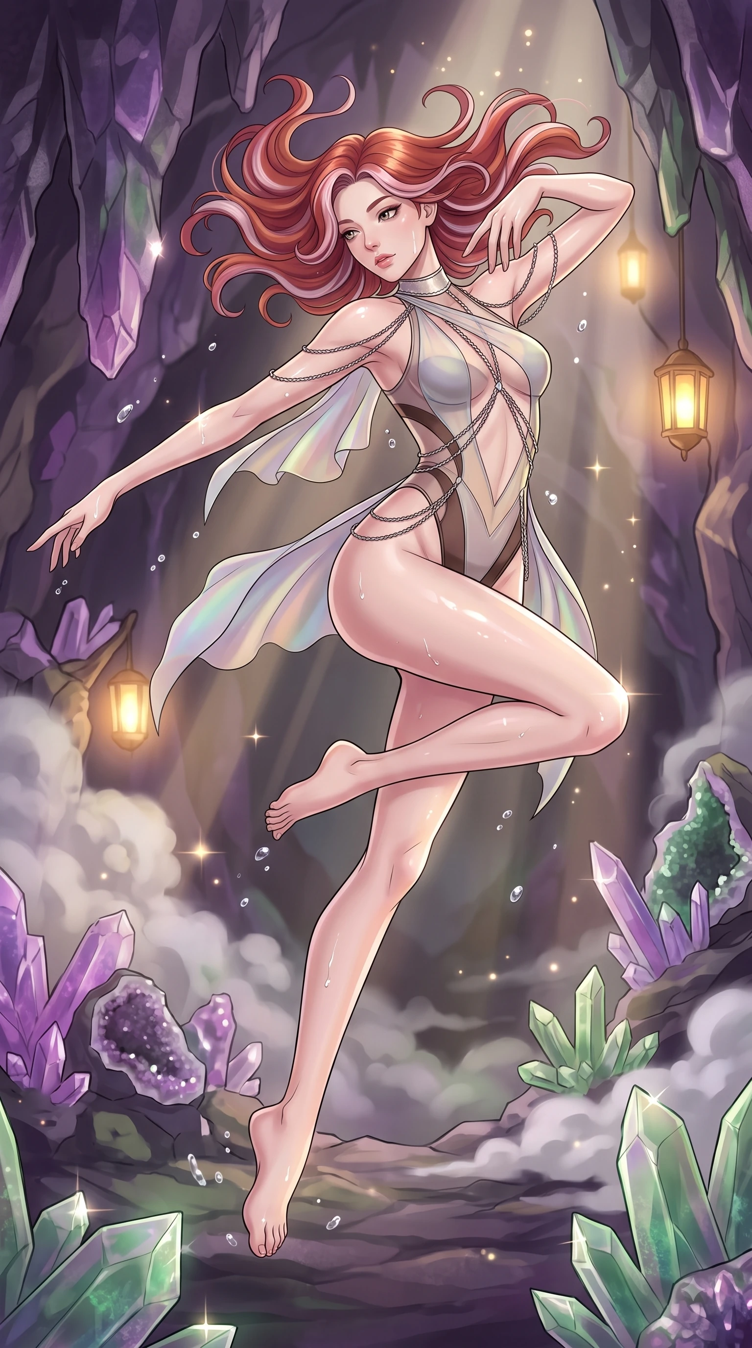 score_9, masterpiece, best quality, ultra-detailed, high-budget anime keyframe, editorial fashion photography, tasteful artistic composition, Caucasian woman. low angle full-body shot from head to toe showing her feet, filling the entire 9:16 vertical frame with her statuesque presence, stretching her vertical silhouette. performing an athletic mid-air rotation with flawless poise, her vertical silhouette beautifully stretched while pivoting dynamically in a subterranean crystal cave as steam clouds scatter soft purple geode light, water droplets glistening on her skin and clothing with brilliant specular highlights. She has an absolutely perfect, statuesque 8.5-heads proportion, an exceptionally tall and slender model-like female figure with impossibly long slender legs and an ultra-slim waist. sharp v-shaped jawline, high-bridge nose, intricate jewel-like eyes with depth, thick eyelashes, glossy lips with a natural sheen, flawlessly proportioned anatomical accuracy, natural body alignment, perfectly sculpted elegant limbs, clean dynamic posture without body distortion. wearing a translucent iridescent chiffon gown with a plunging neckline and open back in espresso brown and warm cream, crafted from iridescent chiffon that shifts colors in the light, adorned with delicate metallic chain straps along the neckline, the tailored fabric tightly following every curve of her athletic build. bathed in soft warm lantern light filtered through gentle thermal steam. highly saturated vibrant anime colors, detailed shading with soft gradients, rich glossy textures, high-contrast stereoscopic depth, volumetric dynamic lighting, master piece, 9:16 ratio