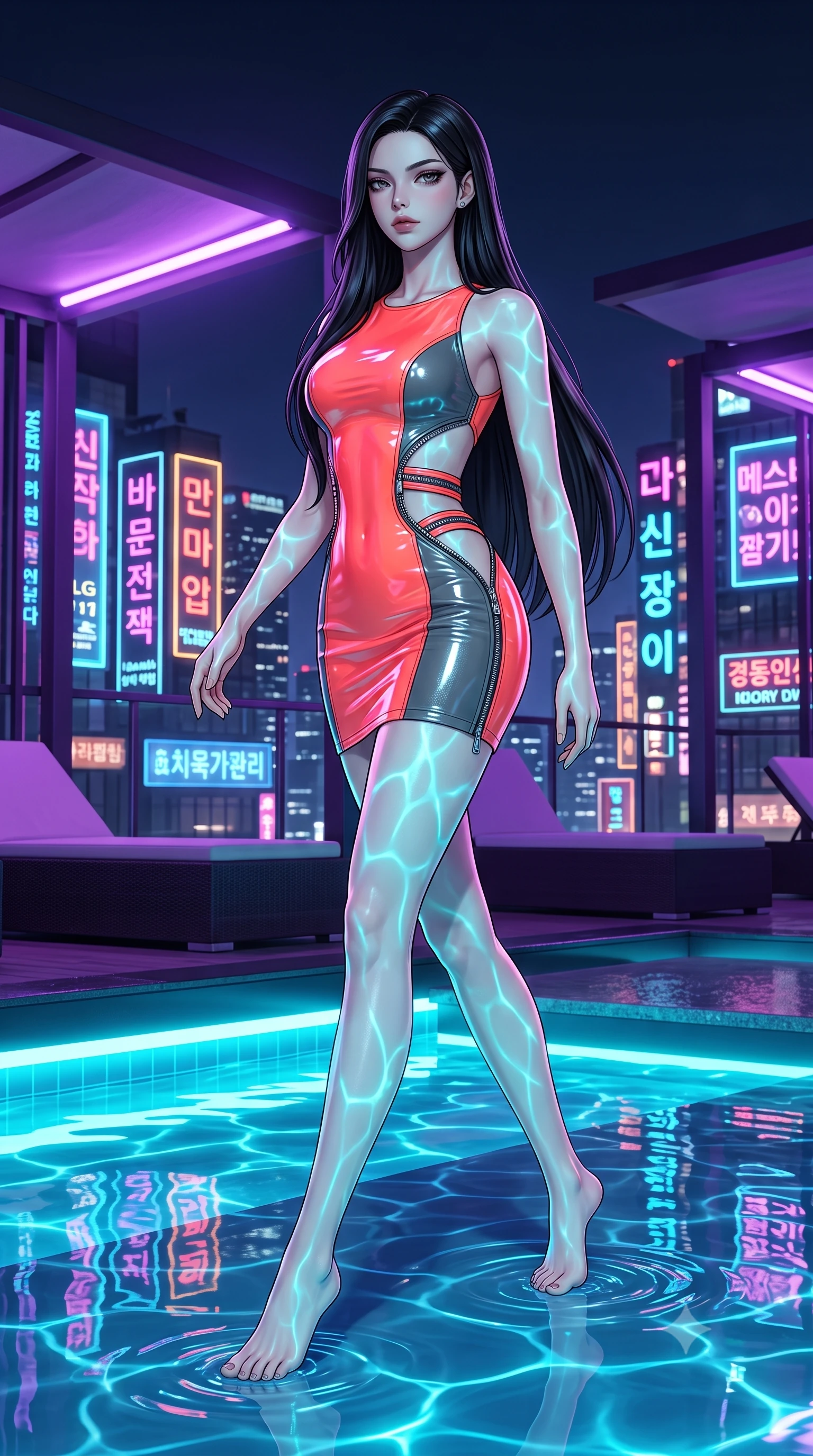 score_9, masterpiece, best quality, ultra-detailed, high-budget anime keyframe, semi-realistic 3D game render, editorial fashion photography, tasteful artistic composition, Korean woman. low angle full-body shot from head to toe showing her feet, filling the entire 9:16 vertical frame with her statuesque presence, stretching her vertical silhouette. striding forward in a proud supermodel runway stride, hips swaying in an alluring kinetic rhythm that accentuates her curvy hourglass silhouette while reclining on a submerged pool daybed with water lapping at her waist, arching her spine as glowing cyan pool caustics trace her curvy hips. The surrounding environment is rendered in vivid detail and crisp panoramic clarity. detailed neon sign typography, wet fabric sheen, and night skyline reflections in high clarity. She has an absolutely perfect, statuesque 8.5-heads proportion, an exceptionally tall and slender model-like female figure with impossibly long slender legs, a toned flat midriff, an ultra-slim waist, and beautifully sculpted feminine hips. sharp v-shaped jawline, high-bridge nose, intricate jewel-like eyes with depth, thick eyelashes, glossy parted lips with a natural sheen, intensely captivating and seductive bedroom-eyes expression, flawlessly proportioned anatomical accuracy, strict slender model proportions, natural body alignment, perfectly sculpted long slender limbs, ultra-slim waistline, clean dynamic posture without body distortion. wearing a high-gloss vinyl mini dress with an open back and zipper detailing tracing the hip curve in blazing neon coral and graphite grey, crafted from durable coated canvas and polished metallic hardware, accented with diagonal metal zippers running across the side-waist cutouts, the second-skin form-contouring cut accentuating her sculpted flat midriff, narrow waistline, and dramatically curvy hips without adding bulk. bathed in glowing underwater cyan LED illumination and ambient violet neon cabana downlights. highly saturated vibrant anime colors, detailed shading with soft gradients, rich glossy textures, high-contrast stereoscopic depth, volumetric dynamic lighting, master piece, 9:16 ratio