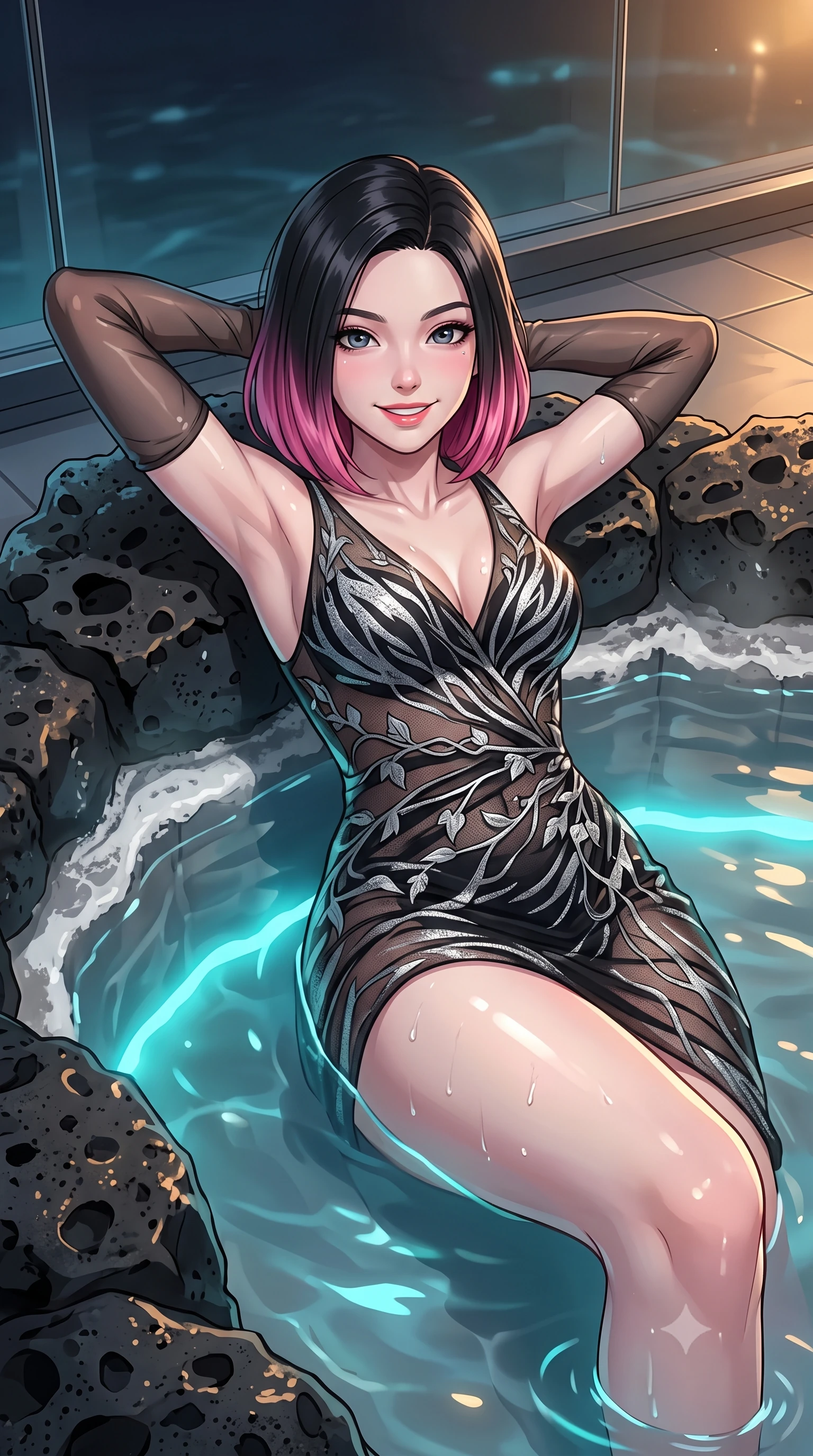 score_9, masterpiece, best quality, ultra-detailed, high-budget anime keyframe, editorial fashion photography, tasteful artistic composition, Korean woman. close-up cowboy shot from the waist and thighs up, the character dominates the composition, filling the frame with her large presence. resting both hands lightly behind her neck with elbows raised, arching her spine to highlight her narrow waist, flat midriff, and breathtaking collarbones while lounging in the warm geothermal water propped on the mossy lava rim with legs extended, her statuesque 8.5-heads silhouette commanding the sanctuary. The surrounding environment is rendered in vivid detail and crisp panoramic clarity: sharp porous volcanic black basalt rock textures, silica water edge mineral rings, and frameless structural glass bevels in deep focus. She has an exceptionally elegant, slender, and willowy female figure with an ultra-slim waist, flat toned midriff, narrow ribcage, and sculpted feminine hips creating an alluring, slim hourglass silhouette without bulk. sharp v-shaped jawline, high-bridge nose, intricate jewel-like sparkling eyes with depth, thick eyelashes, glossy parted lips with a natural peach sheen, bright cheerful beaming smile with an enchanting and coquettish sensual glint, exuding both youthful cute charm and seductive allure, flawlessly proportioned anatomical accuracy, strict slender model proportions, natural body alignment, perfectly sculpted long slender limbs, ultra-slim waistline, clean dynamic posture without body distortion. wearing a provocative sheer noir illusion mesh cocktail dress with embroidered climbing ivy ribbons contouring her curves in Vik black sand obsidian and glacier crystal silver, woven from buttery-soft stretch lambskin leather adhering to her body like a second skin, complemented by sheer opera-length evening gloves tracing her slender arms, the form-contouring silhouette accentuating her sculpted flat midriff, narrow delicate ribcage, and gracefully curvy hips with intoxicating allure. bathed in underwater pool turquoise-cyan LEDs combined with soft warm 2700K interior cove lighting through glass. ultra-reflective glossy finish, specular highlights, rich textural contrasts, high-contrast stereoscopic depth, volumetric dynamic lighting, 2k, ultra detail, master piece, 9:16 ratio
