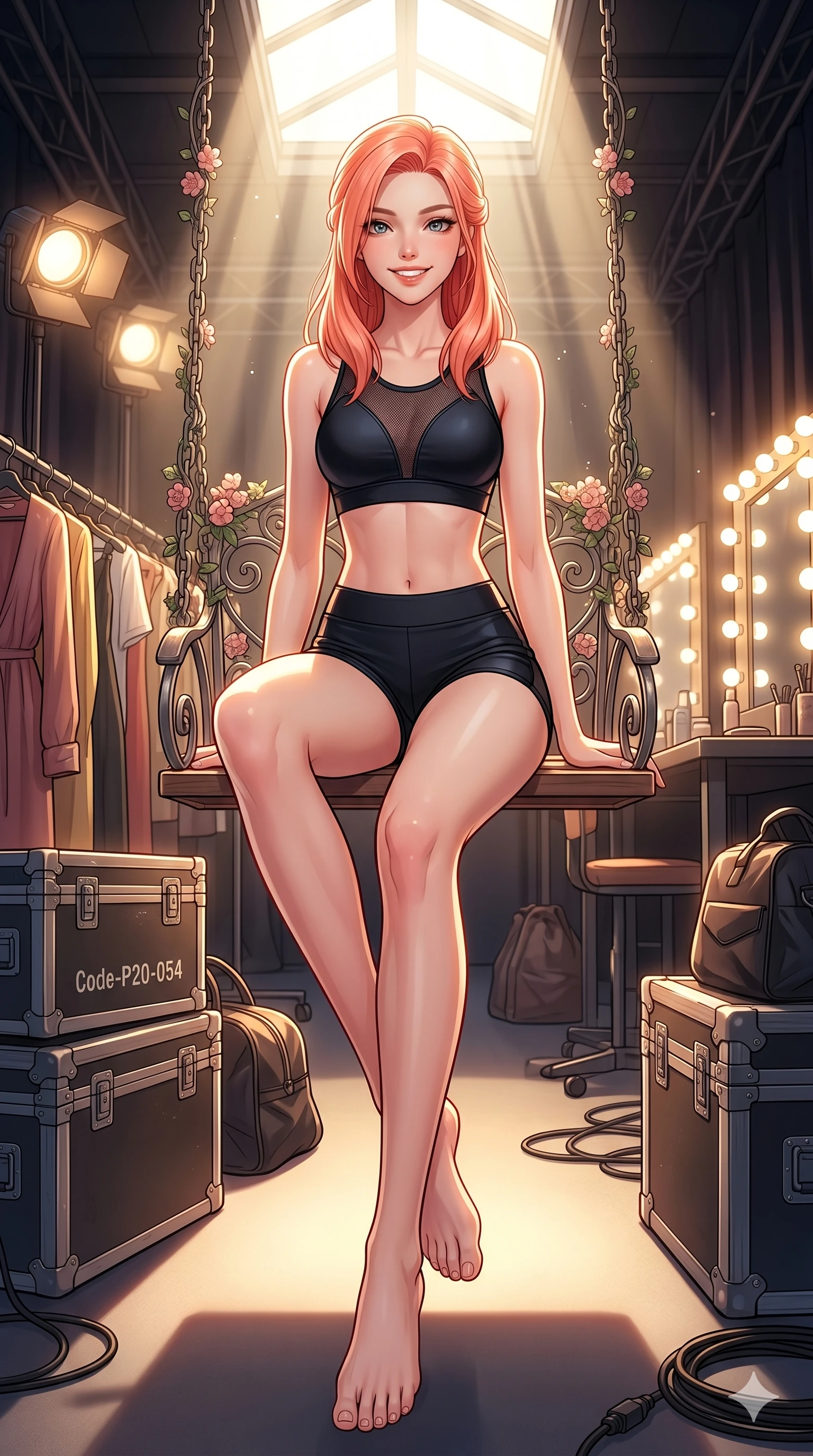 score_9, masterpiece, best quality, ultra-detailed, high-budget anime keyframe, vibrant anime aesthetic, Japanese woman. low angle full-body shot from head to toe showing her feet, filling the entire 9:16 vertical frame with her statuesque presence, stretching her vertical silhouette. She is sitting on a garden swing, smiling brightly with a cheerful and warm gaze inside a high-fashion runway backstage room with warm lights (Code-P20-054). She has an absolutely perfect 8-heads proportion, an exceptionally tall and slender female figure with impossibly long slender legs and an ultra-slim waist. V-shaped jawline, high-bridge nose, intricate jewel-like eyes with depth, thick eyelashes, glossy lips with a natural sheen. wearing a skin-tight activewear set with a sports bra and micro-shorts. She is illuminated by bright, direct sunbeams in a photography studio, creating clean outlines. 2k, ultra detail, master piece, 9:16 ratio