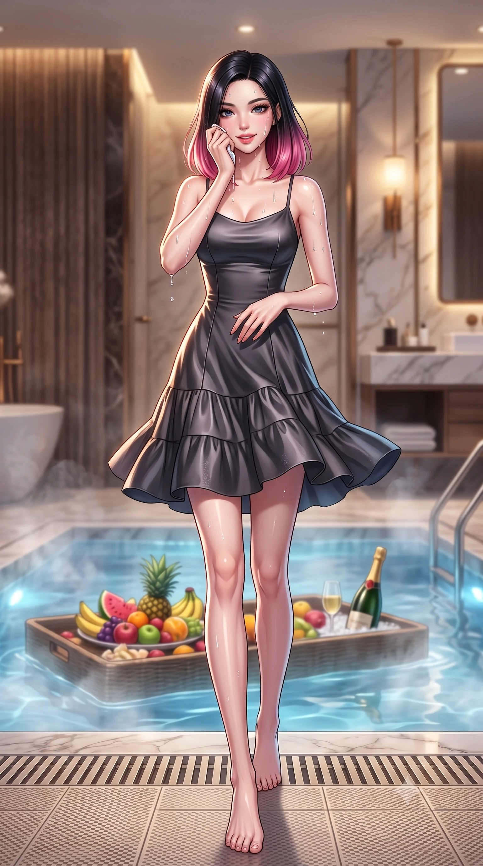 score_9, masterpiece, best quality, ultra-detailed, high-budget anime keyframe, editorial fashion photography, tasteful artistic composition, Korean woman. low angle full-body shot from head to toe showing her feet, filling the entire 9:16 vertical frame with her statuesque presence, stretching her vertical silhouette. stepping forward from the steamy pool edge, wiping away water droplets with a playful and sensual smile set against a soft-focus background of inside an exclusive vanity suite with a floating pool tray of tropical fruits and chilled wine in soft focus. She has an absolutely perfect, statuesque 8.5-heads proportion, an exceptionally tall and slender model-like female figure with impossibly long slender legs and an ultra-slim waist. sharp v-shaped jawline, high-bridge nose, intricate jewel-like eyes with depth, thick eyelashes, glossy lips with a natural sheen. wearing form-contouring charcoal liquid satin flowy linen sundress with a comfortable tiered skirt silhouette featuring refined tailored seams. accented by a single dramatic key light highlighting her statuesque posture and slim waist. highly saturated vibrant anime colors, detailed shading with soft gradients, rich glossy textures, high-contrast stereoscopic depth, volumetric dynamic lighting, master piece, 9:16 ratio