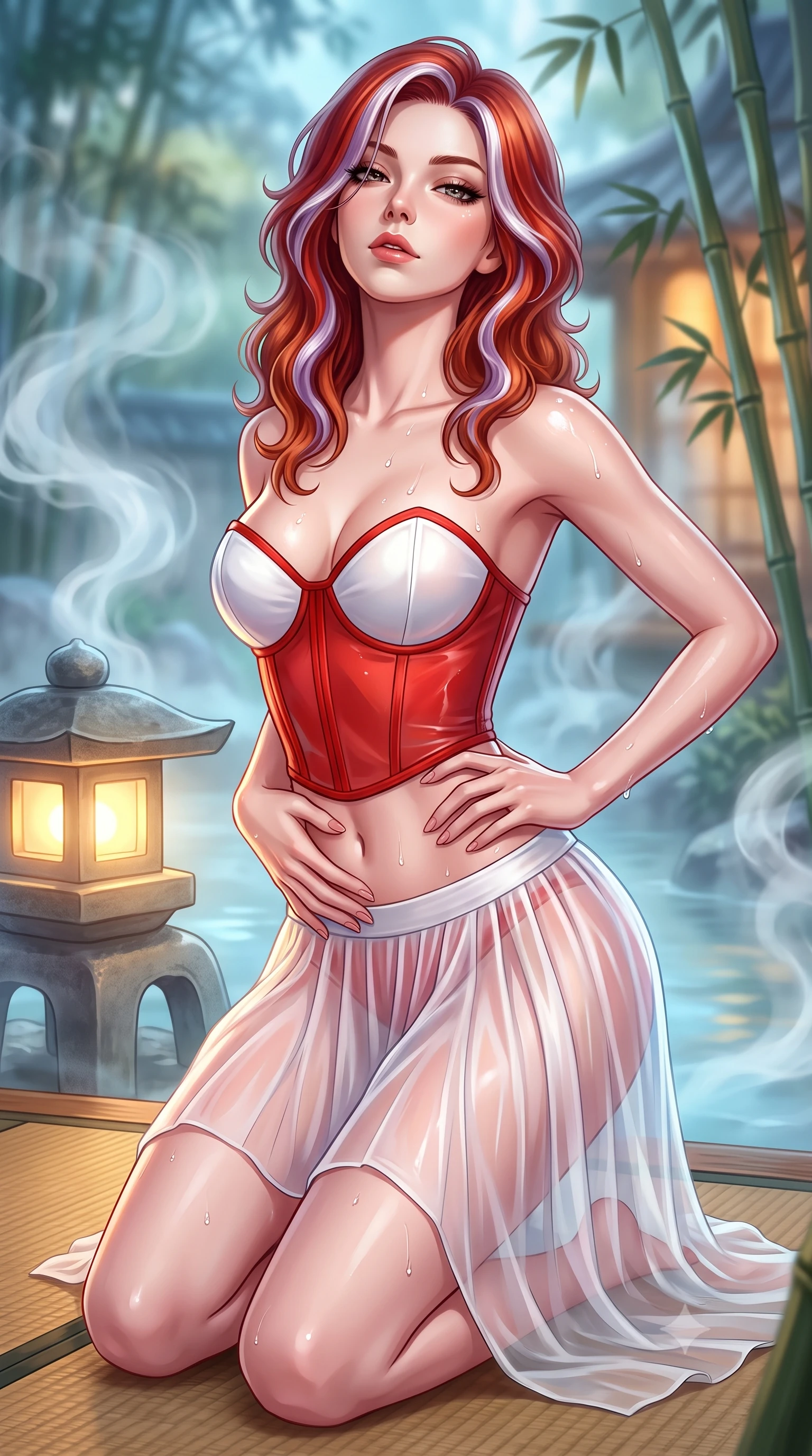 score_9, masterpiece, best quality, ultra-detailed, high-budget anime keyframe, semi-realistic 3D game render, editorial fashion photography, tasteful artistic composition, Caucasian woman. close-up cowboy shot from the waist and thighs up, the character dominates the composition, filling the frame with her large presence. tilting her chin up with proud, sovereign allure while gazing through thick eyelashes, one hand resting on her waist in pure supermodel charisma while kneeling gracefully on the warm tatami deck beside a glowing stone lantern, one hand resting on her bare hip as cool river mist curls around her. The composition keeps background elements in soft focus with creamy bokeh. swirling thermal steam vapors and rustling bamboo stalks blurred into cool cerulean, soft jade-green, and warm amber bokeh. She has an exceptionally elegant, slender, and willowy female figure with an ultra-slim waist, a gracefully sculpted slender torso, toned flat midriff, and rounded feminine hips creating an alluring hourglass silhouette. sharp v-shaped jawline, high-bridge nose, intricate jewel-like eyes with depth, thick eyelashes, glossy parted lips with a natural sheen, intensely captivating and seductive bedroom-eyes expression, flawlessly proportioned anatomical accuracy, strict slender model proportions, natural body alignment, perfectly sculpted long slender limbs, ultra-slim waistline, clean dynamic posture without body distortion. wearing a sacred shrine maiden couture robe with sheer pleated chiffon skirt and structured scarlet corset top in pure snow white and vermilion red, crafted from weightless prism organza that refracts light with every motion, accented with water droplets glistening on her bare collarbones and hips, the second-skin form-contouring cut accentuating her sculpted flat midriff, narrow waistline, and dramatically curvy hips without adding bulk. illuminated by wet specular highlights accentuating her slender neckline, sculpted waist, and rounded hips. highly saturated vibrant anime colors, detailed shading with soft gradients, rich glossy textures, high-contrast stereoscopic depth, volumetric dynamic lighting, master piece, 9:16 ratio